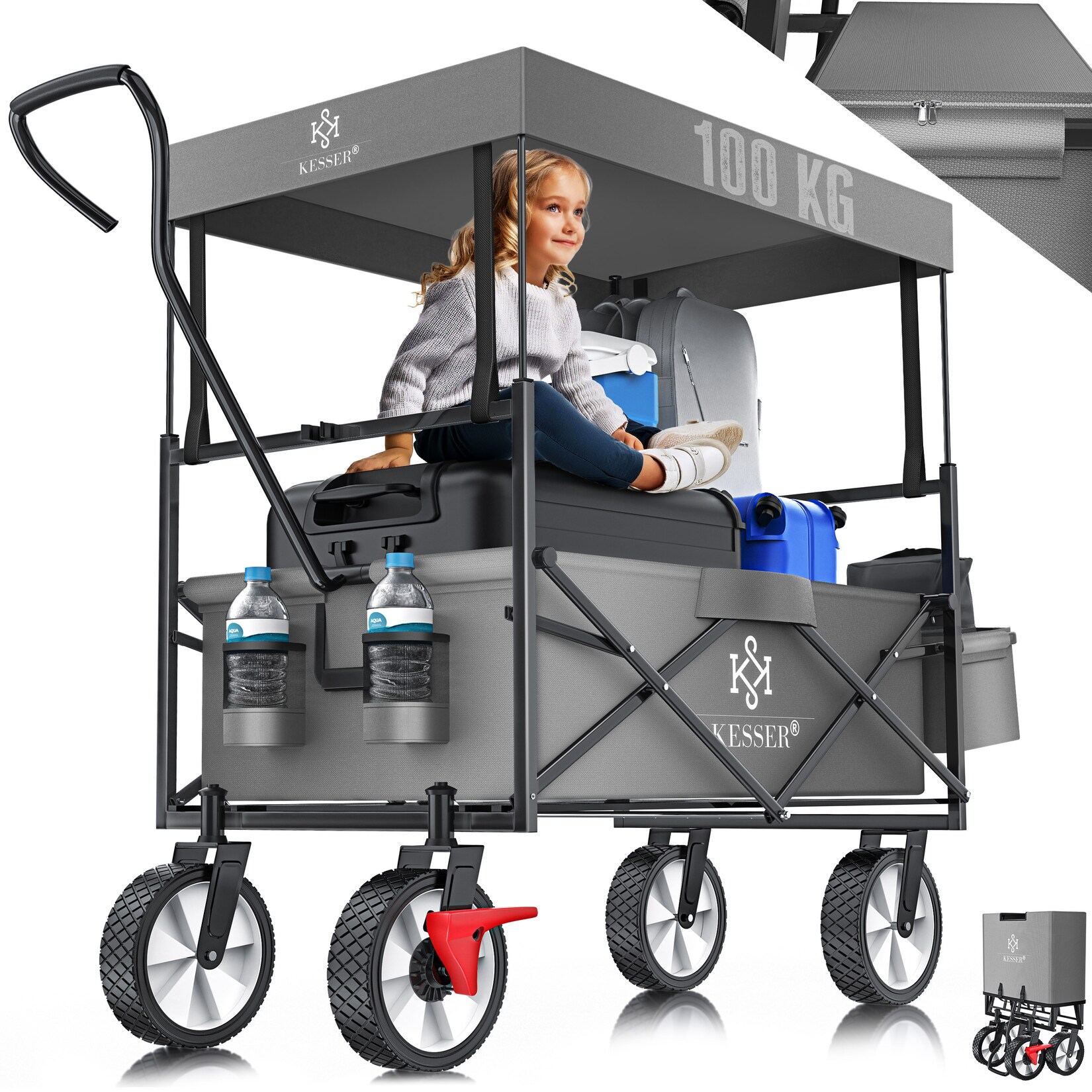 KESSER® Bollerwagen faltbar mit Dach Handwagen Transportkarre Gerätewagen inkl. 2 Netztaschen und Einer Außentasche klappbar Vollgummi-Reifen bis 100 kg Tragkraft Mit Vorderrad-Bremse
