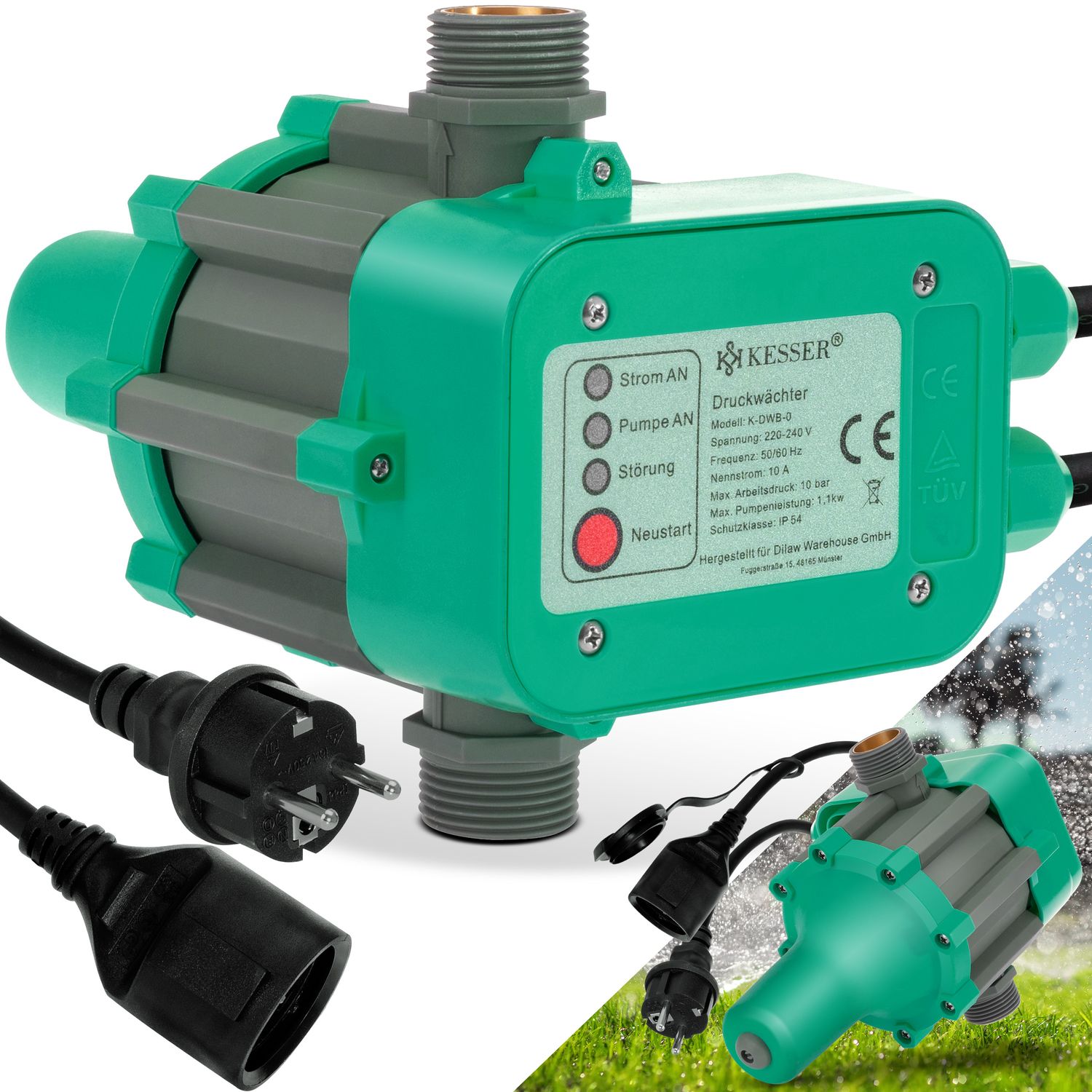 KESSER&reg; Druckschalter Druckw&auml;chter Pumpensteuerung Gartenbew&auml;sserung mit Kabel - Bild 1