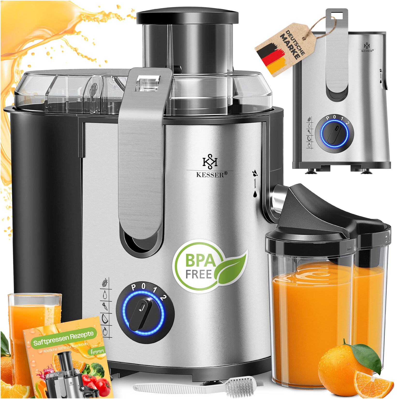 KESSER® Entsafter für Obst und Gemüse aus Edelstahl 1100W große 85 mm Einfüllöffnung inkl. Reinigungsbürste und Saftbehälter 3 Geschwindigkeitsstufen, Saftpresse Juicer