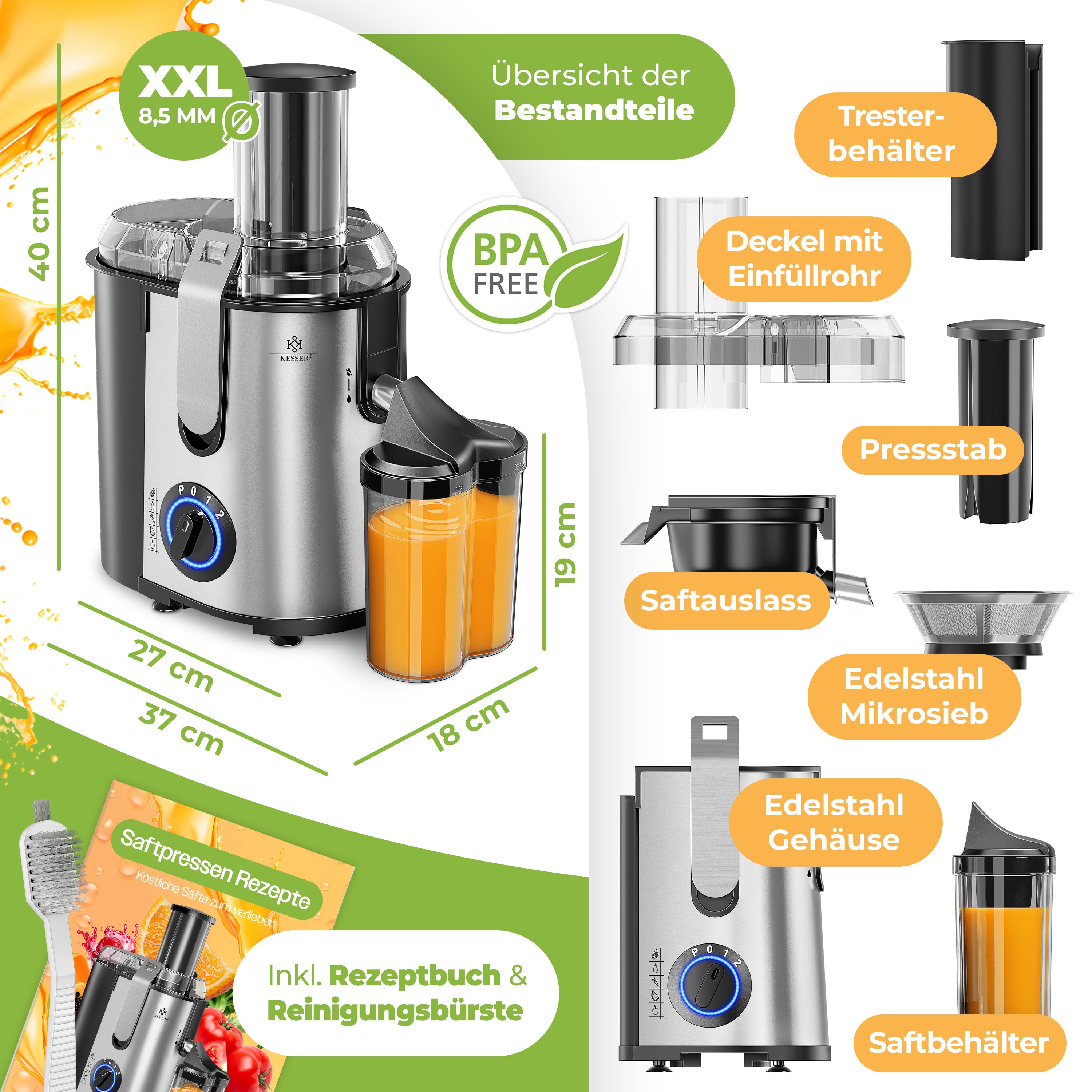 KESSER® Entsafter für Obst und Gemüse aus Edelstahl 1100W große 85 mm Einfüllöffnung inkl. Reinigungsbürste und Saftbehälter 3 Geschwindigkeitsstufen, Saftpresse Juicer online kaufen bei Netto
