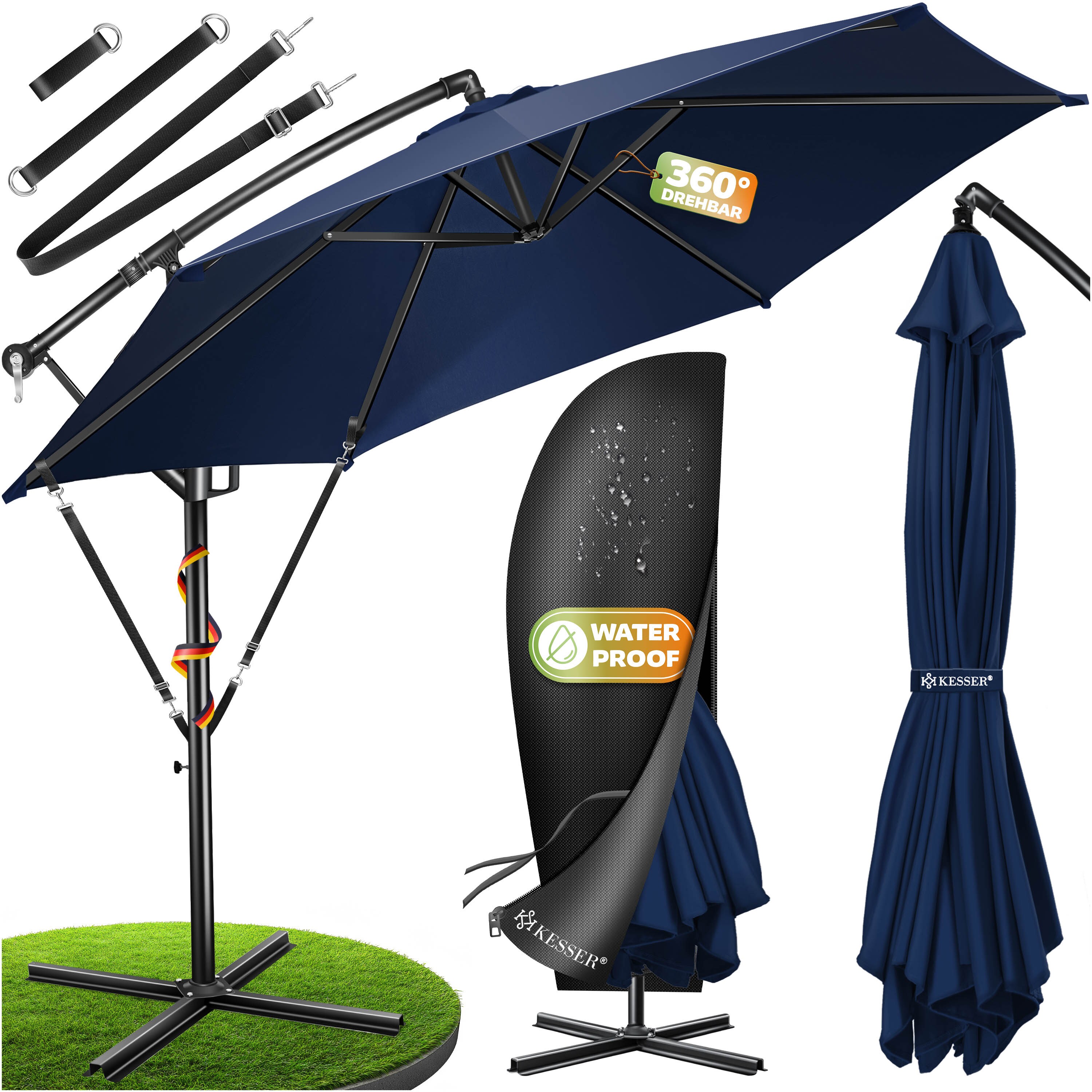 KESSER&reg; Alu Ampelschirm Sonnenschirm + Abdeckung &Oslash;300 cm / &Oslash;350 cm mit Kurbelvorrichtung Kurbelschirm mit St&auml;nder UV-Schutz Aluminium Wasserabweisende Bespannung - Schirm Gartenschirm Marktschirm - Bild 1