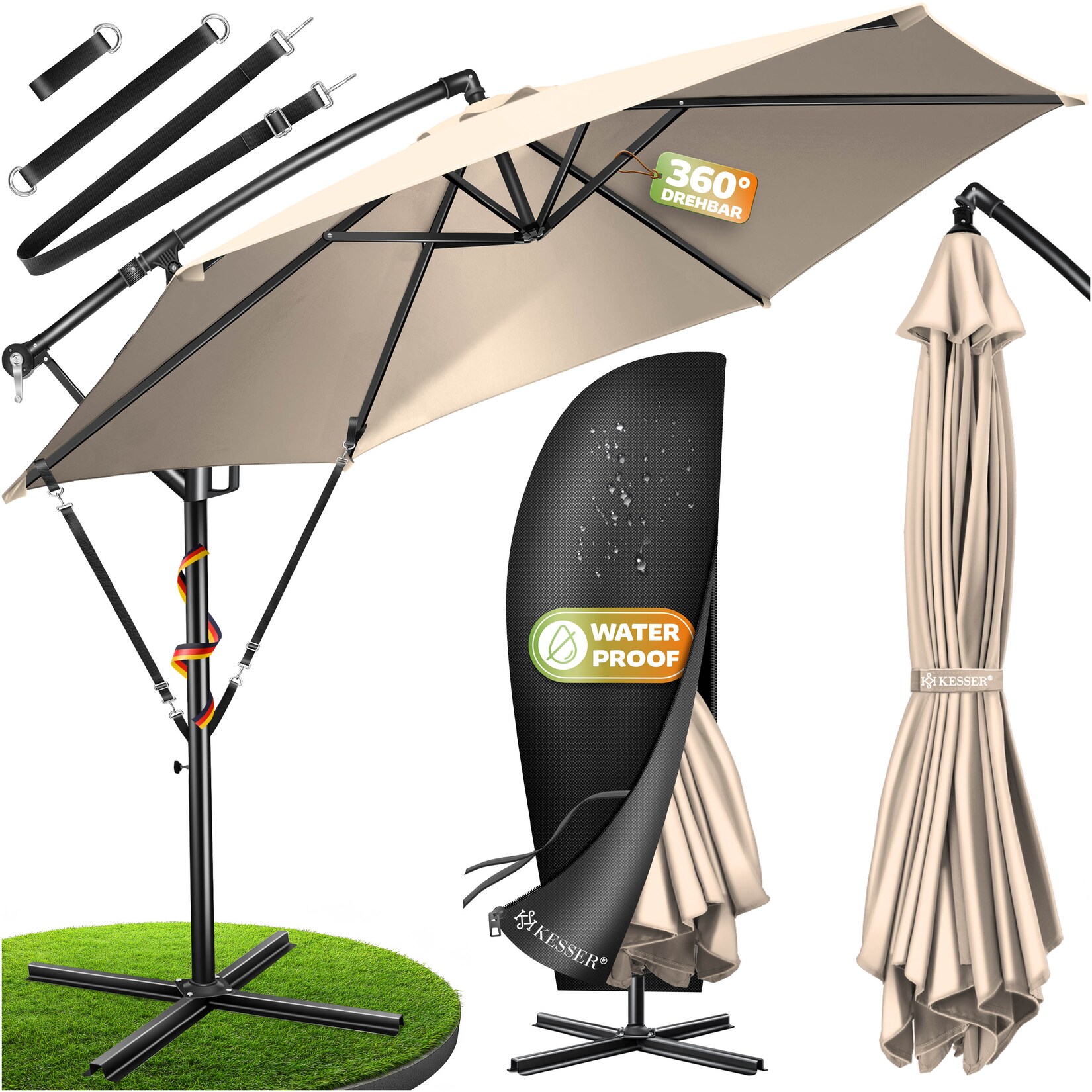 ® Alu Ampelschirm Sonnenschirm + Abdeckung Ø300 cm / Ø350 cm mit Kurbelvorrichtung Kurbelschirm mit Ständer UV-Schutz Aluminium Wasserabweisende Bespannung - Schirm Gartenschirm Marktschirm