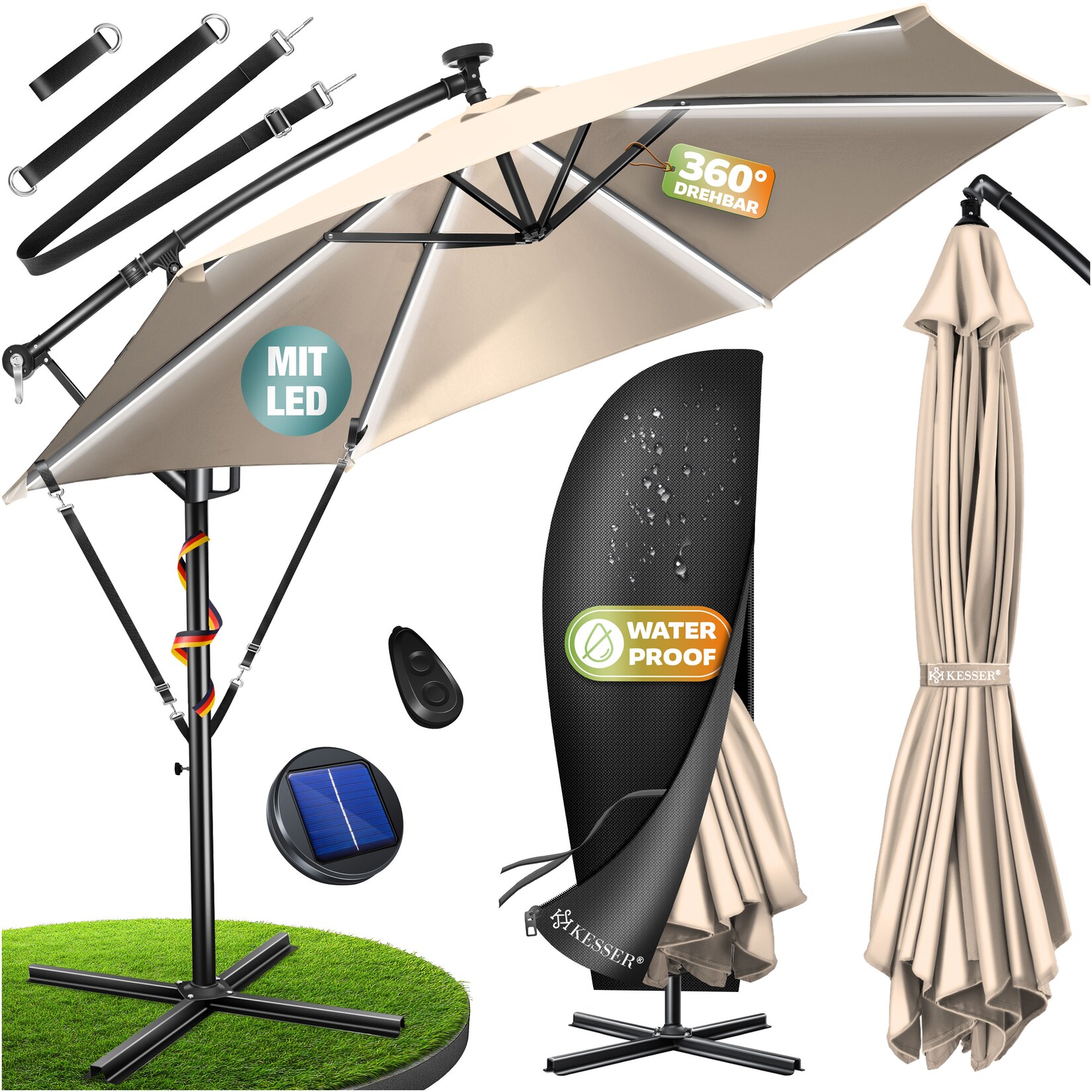 KESSER® Alu Ampelschirm LED Solar + Abdeckung mit Kurbelvorrichtung UV-Schutz Aluminium mit An-/Ausschalter Wasserabweisend - Sonnenschirm Schirm Gartenschirm