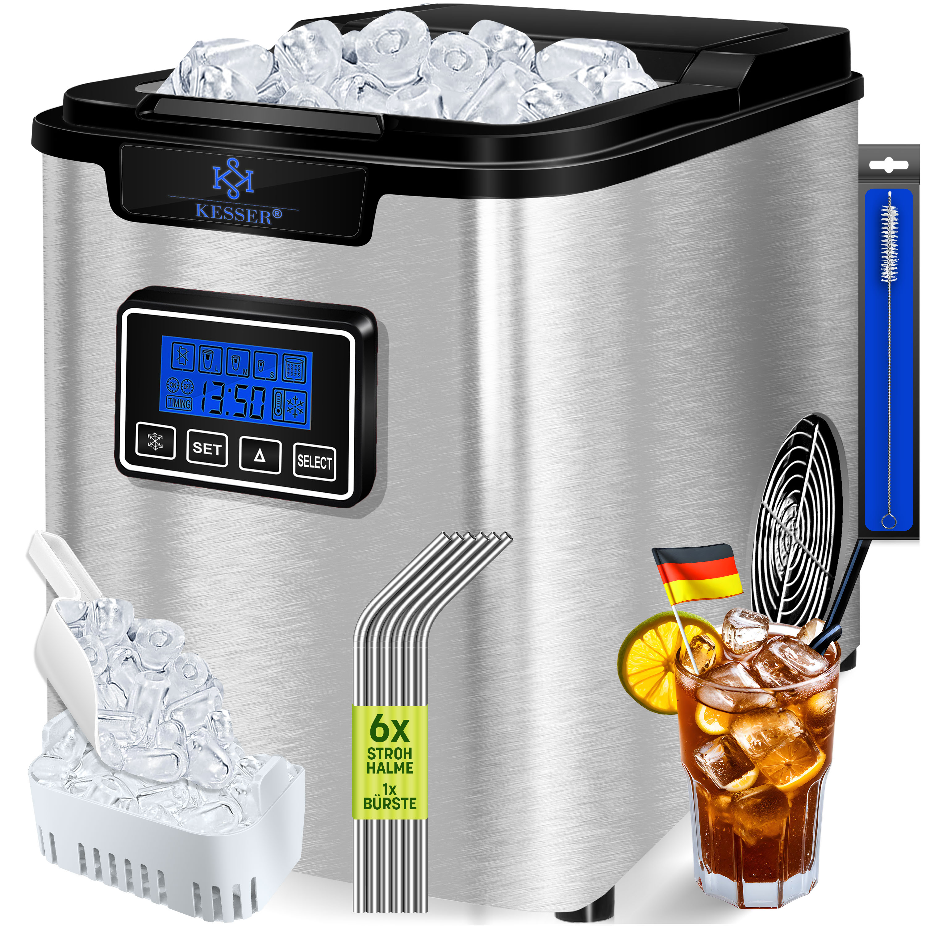KESSER&reg; Eisw&uuml;rfelbereiter | Eisw&uuml;rfelmaschine Edelstahl | 150W  Ice Maker | 12 kg 24 h | 3 W&uuml;rfelgr&ouml;&szlig;en | Zubereitung in 6 min | 2,2 Liter Wassertank | Timer | LCD-Display | Selbstreinigungsfunktion - Bild 1