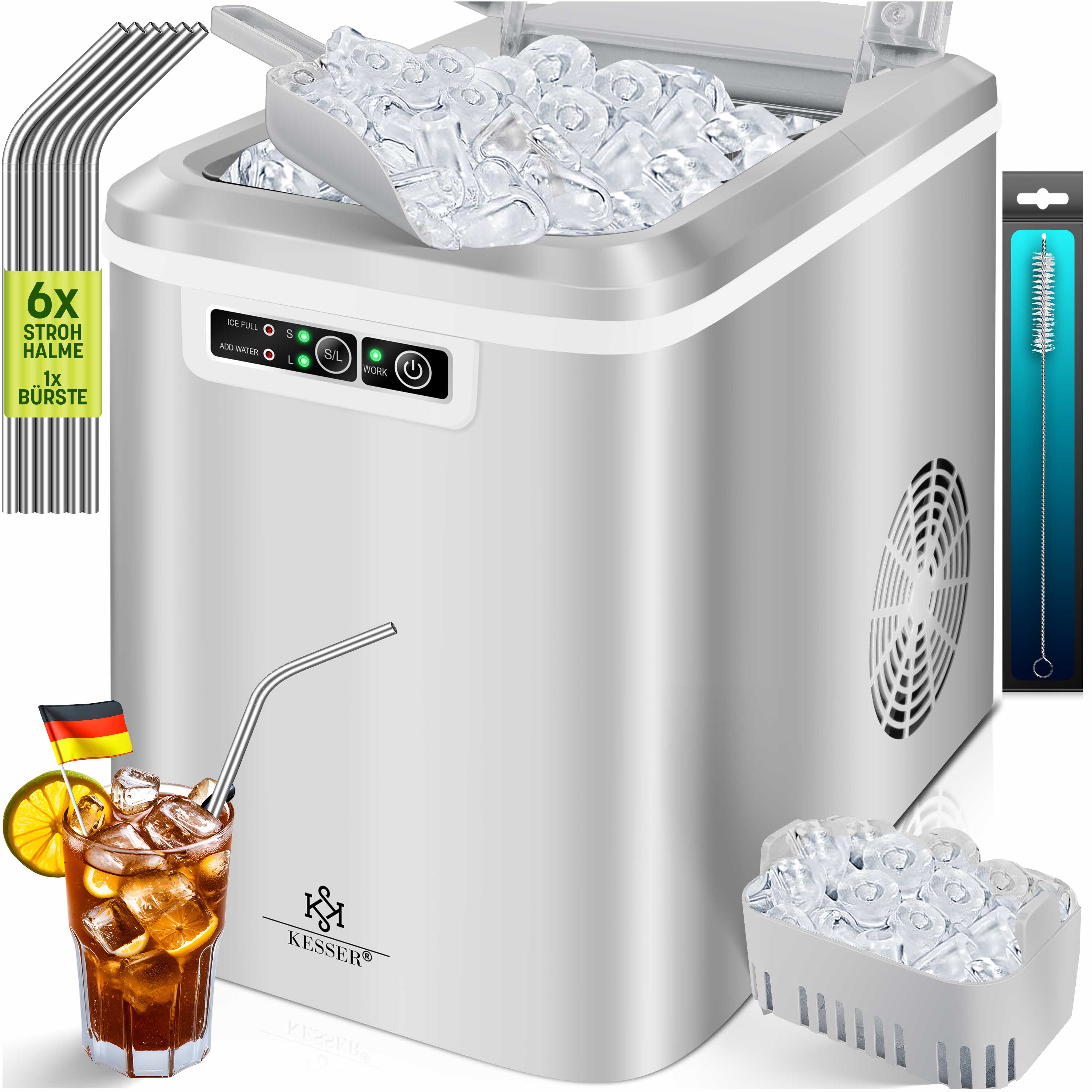 KESSER&reg; Eisw&uuml;rfelbereiter | Eisw&uuml;rfelmaschine Edelstahl | Ice Maker | 12 in 24h | Zubereitung in 7 min | 2,2 Liter Wassertank | 2 Eisw&uuml;rfel-Gr&ouml;&szlig;en | LED-Display | Selbstreinigungsfunktion mit Zubeh&ouml;r - Bild 1