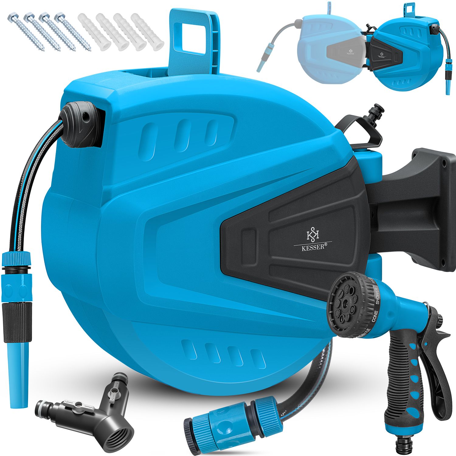 KESSER&reg; Schlauchtrommel Wasser Schlauchaufroller Inkl. 2-Wege-Verteiler + Multi-Handbrause Wasserschlauchtrommel Automatik | 180&deg; Schwenkbar | Wandhalterung | Gartenschlauch | Orange - Bild 1