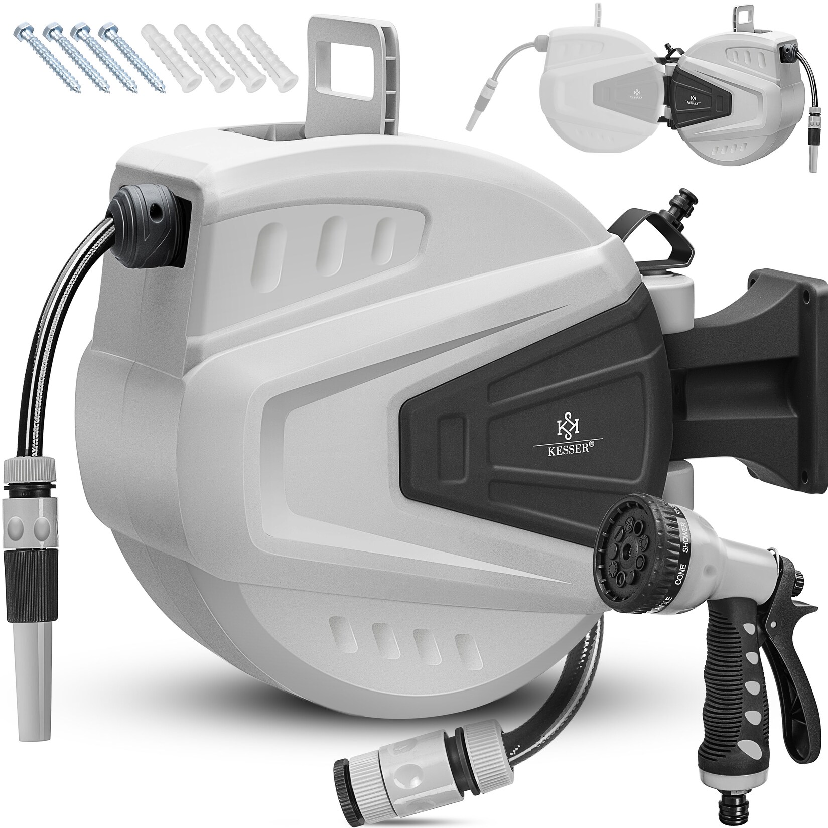 KESSER® Schlauchtrommel Wasser Schlauchaufroller Inkl. 2-Wege-Verteiler + Multi-Handbrause Wasserschlauchtrommel Automatik 180° Schwenkbar …