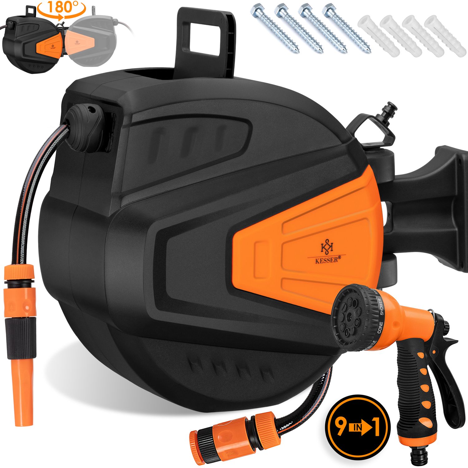 KESSER&reg; Schlauchtrommel Wasser Schlauchaufroller Inkl. 2-Wege-Verteiler + Multi-Handbrause Wasserschlauchtrommel Automatik | 180&deg; Schwenkbar | Wandhalterung | Gartenschlauch | Orange - Bild 1