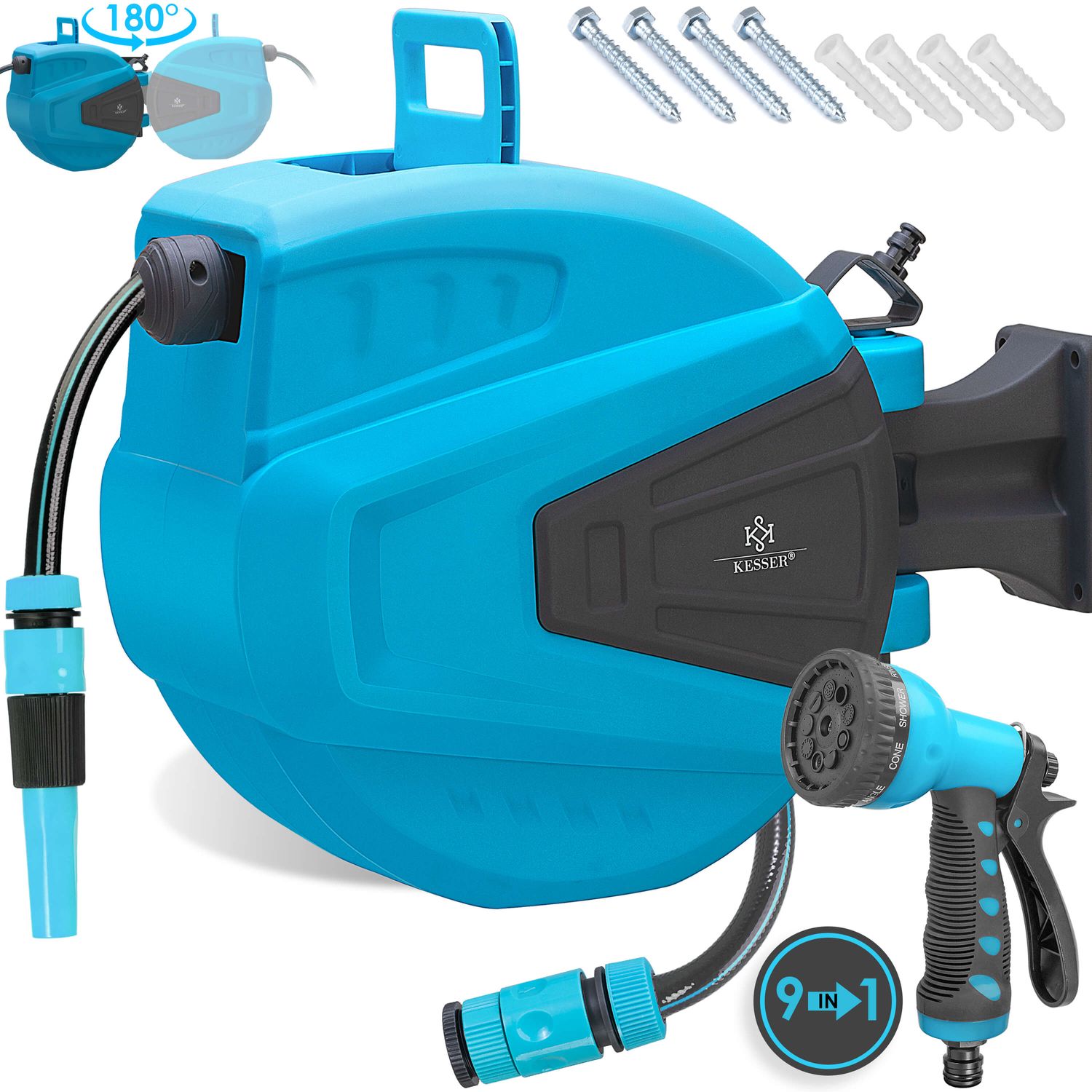 KESSER&reg; Schlauchtrommel Wasser Schlauchaufroller Inkl. 2-Wege-Verteiler + Multi-Handbrause Wasserschlauchtrommel Automatik | 180&deg; Schwenkbar | Wandhalterung | Gartenschlauch | Orange - Bild 1