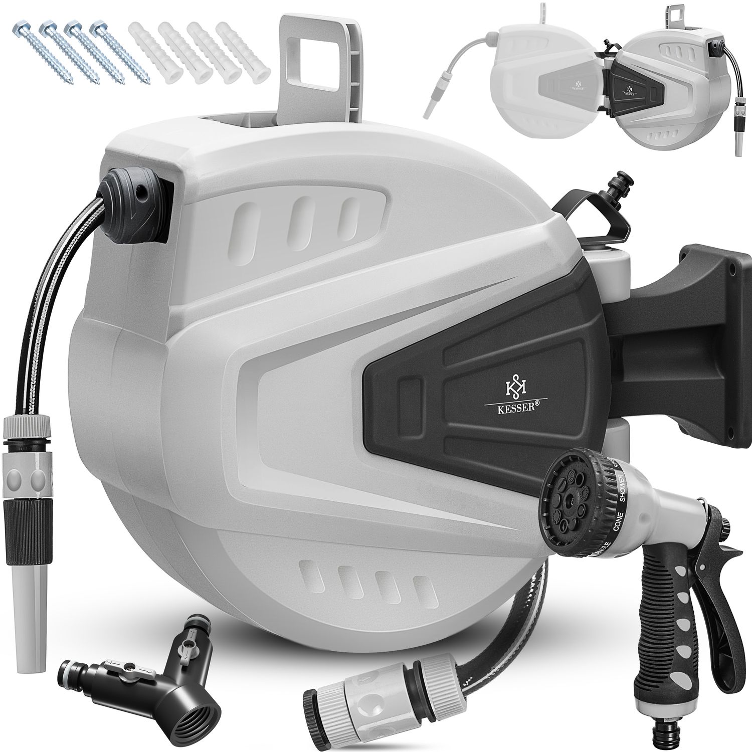 KESSER&reg; Schlauchtrommel Wasser Schlauchaufroller Inkl. 2-Wege-Verteiler + Multi-Handbrause Wasserschlauchtrommel Automatik | 180&deg; Schwenkbar | Wandhalterung | Gartenschlauch | Orange - Bild 1