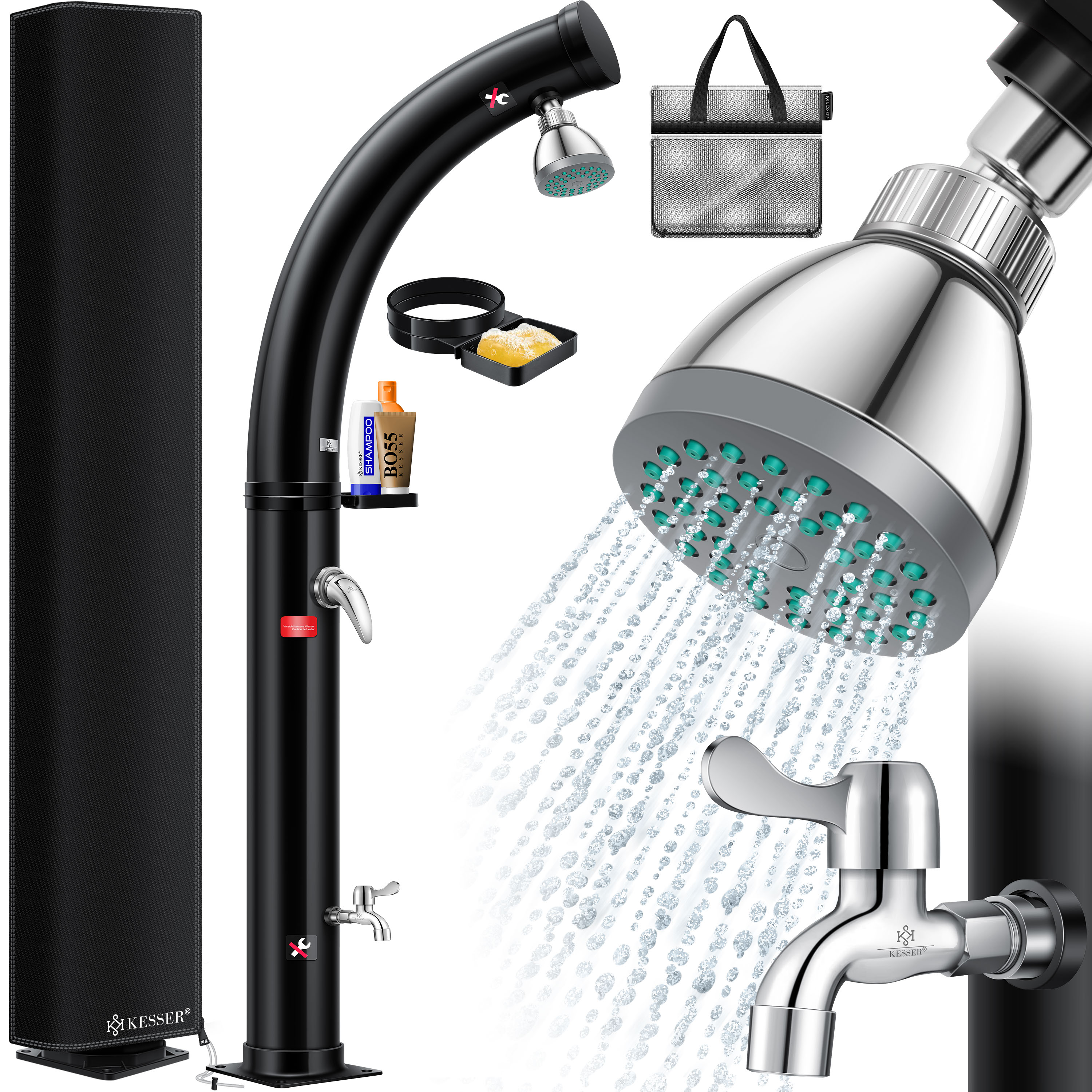 KESSER&reg; Solar Gartendusche Solardusche Bogen mit Schutzhaube | warmes Wasser max. 60&deg;C Pooldusche Camping | Regenduschkopf & Wasserhahn | Gartenschlauch-Anschluss - Bild 1