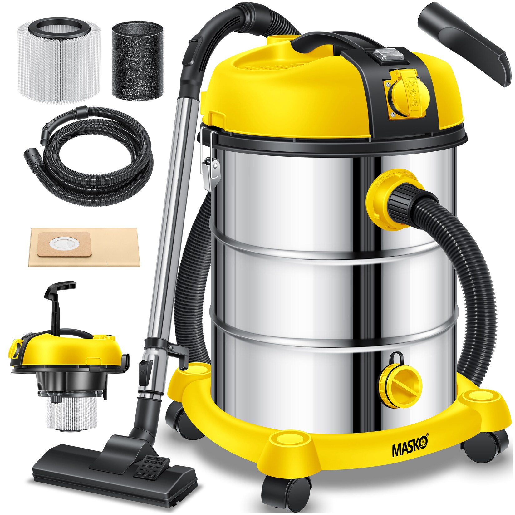 MASKO® Industriestaubsauger, Nass Trockensauger HEPA, 3 in 1 Filtersystem, 58 l/s Werkstattsauger mit Steckdose, 2300W, 30L, Industriesauger mit & ohne Beutel, Filter + Aufsätze, Push&Clean