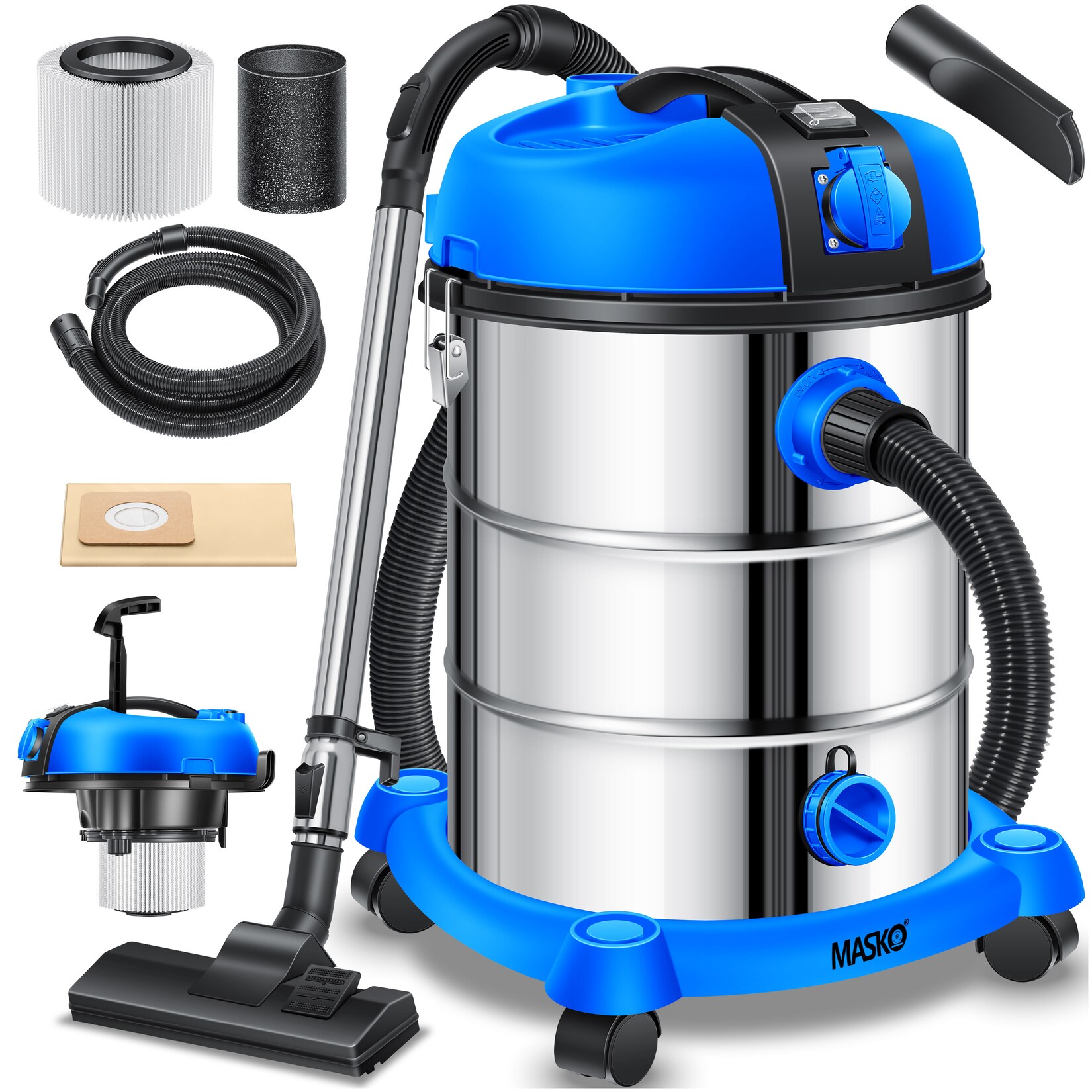 MASKO® Industriestaubsauger, Nass Trockensauger HEPA, 3 in 1 Filtersystem, 58 l/s Werkstattsauger mit Steckdose, 2300W, 30L, Industriesauger mit & ohne Beutel, Filter + Aufsätze, Push&Clean