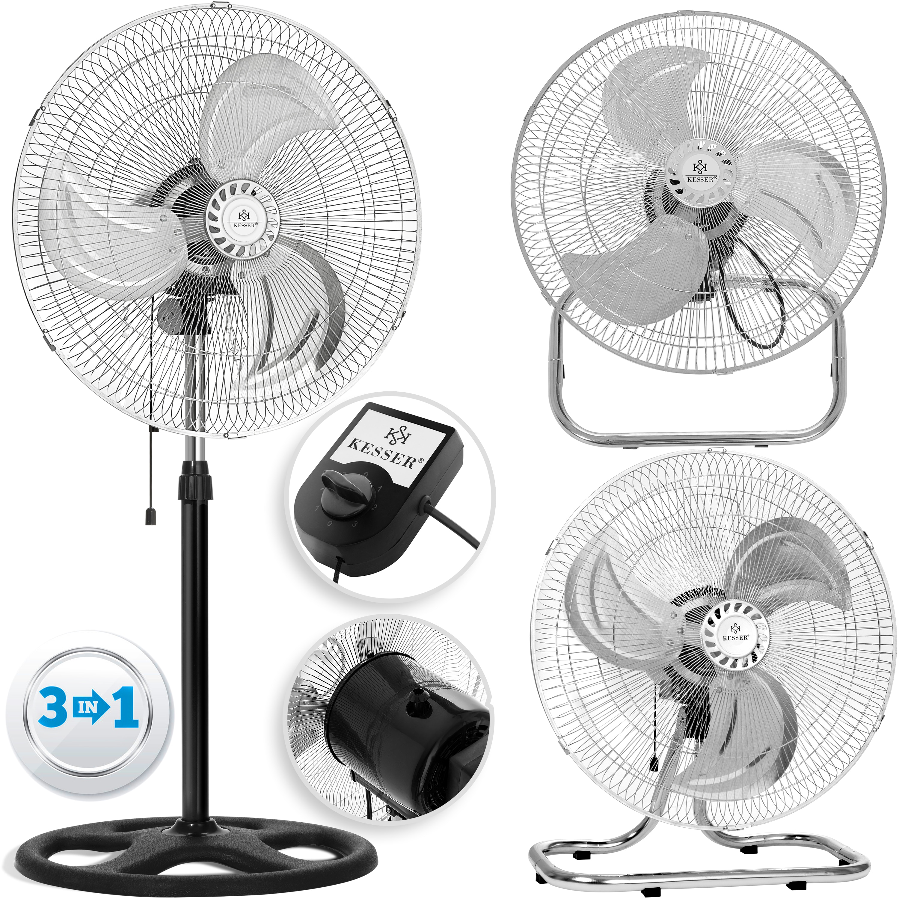 KESSER&reg; 3 in 1 Ventilator &Oslash; 45 cm | Chrom Standventilator + Tischventilator + Wandventilator |mit Oszillation | Windmaschine | Ventilator | L&uuml;fter Gebl&auml;se | h&ouml;henverstellbarer Standfu&szlig; - Bild 1