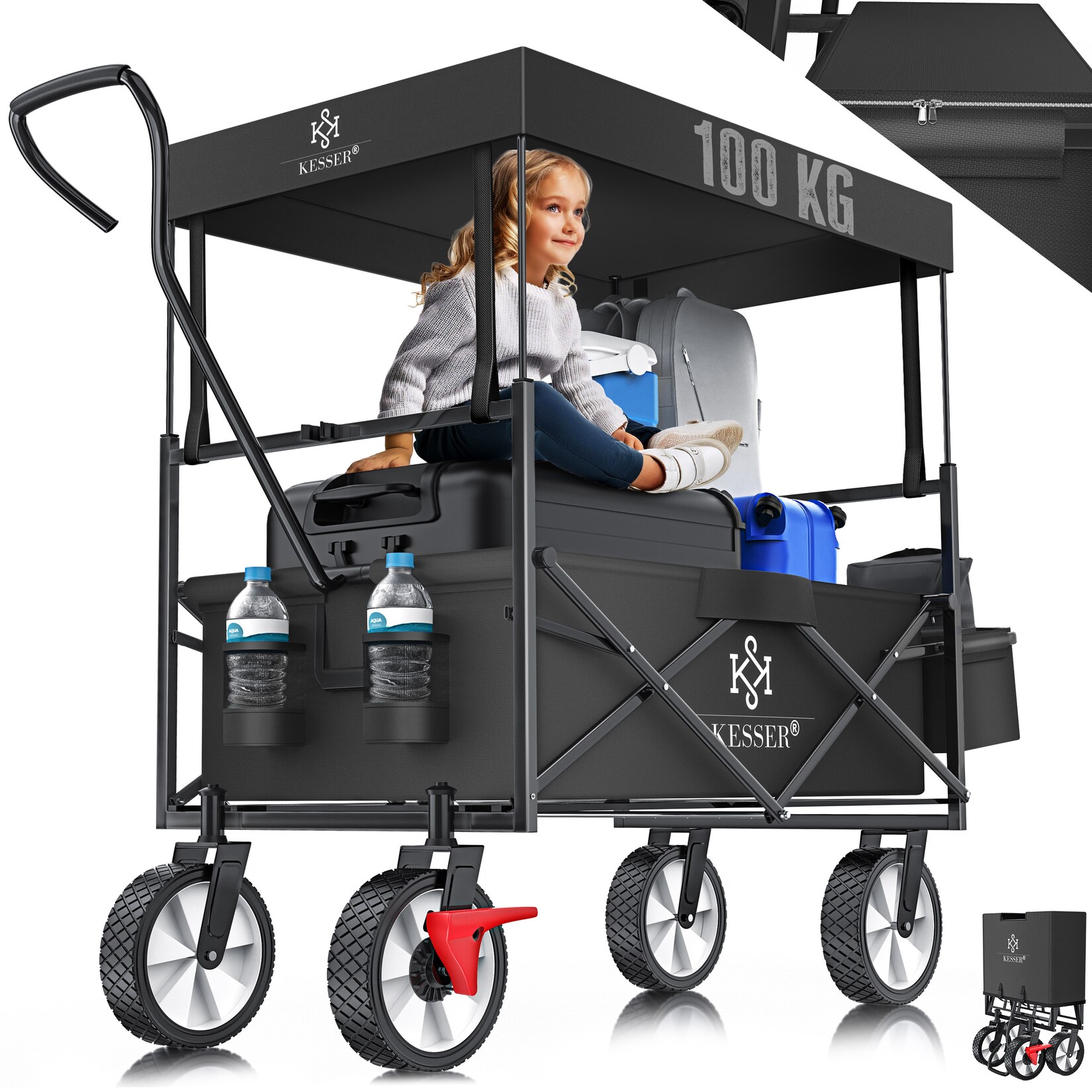 KESSER® Bollerwagen faltbar mit Dach Handwagen Transportkarre Gerätewagen inkl. 2 Netztaschen und Einer Außentasche klappbar Vollgummi-Reifen bis 100 kg Tragkraft Mit Vorderrad-Bremse