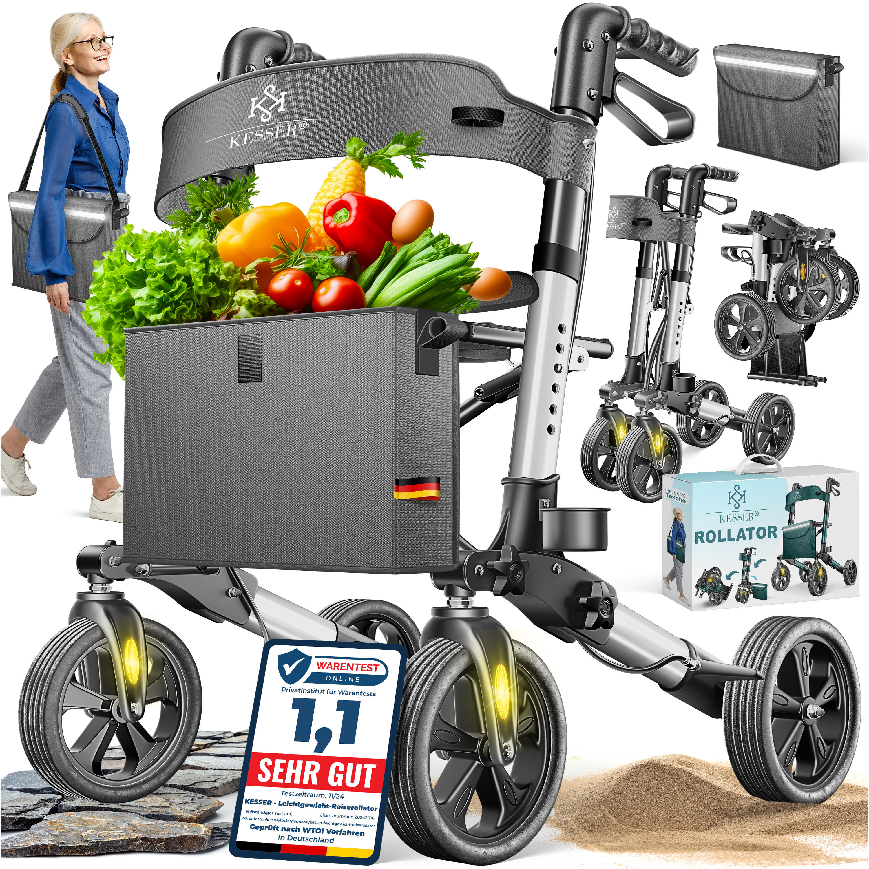KESSER&reg; Leichtgewicht Rollator faltbar mit Sitz, Griff, Tasche, schmal f&uuml;r Senioren Wohnung, Klappbar, H&ouml;henverstellbar, Reflektoren | All Gel&auml;nde Reifen Indoor-& Outdoor, Gehhilfe, Laufhilfe - Bild 1