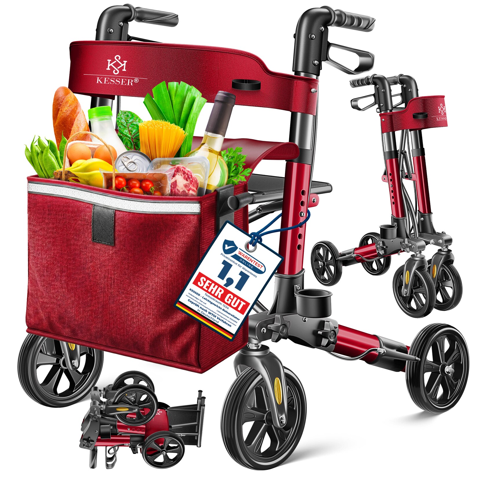 KESSER® Leichtgewicht Rollator faltbar mit Sitz, Griff, Tasche, schmal für Senioren Wohnung, Klappbar, Höhenverstellbar, Reflektoren All Gelände Reifen Indoor-& Outdoor, Gehhilfe, Laufhilfe