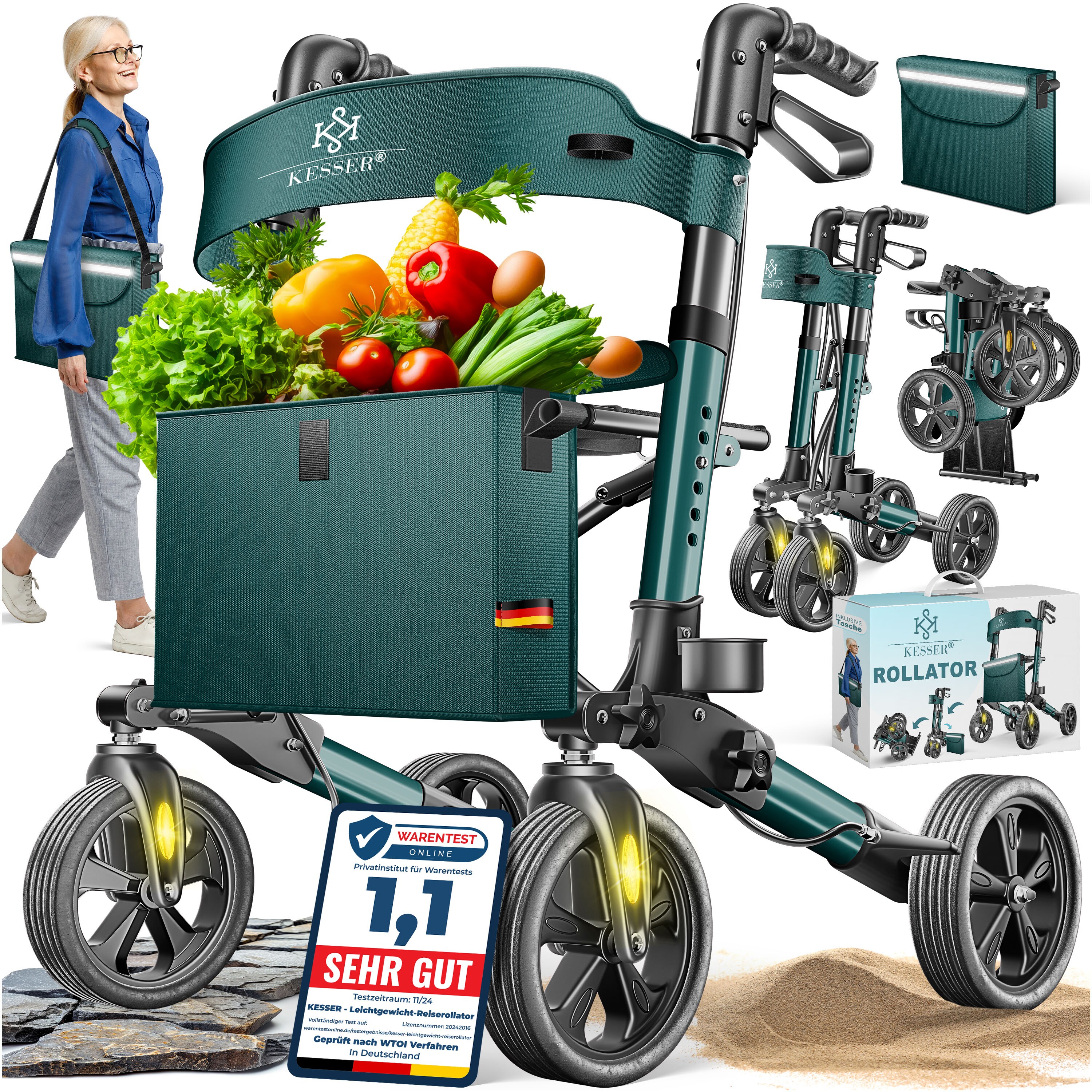 KESSER&reg; Leichtgewicht Rollator faltbar mit Sitz, Griff, Tasche, schmal f&uuml;r Senioren Wohnung, Klappbar, H&ouml;henverstellbar, Reflektoren | All Gel&auml;nde Reifen Indoor-& Outdoor, Gehhilfe, Laufhilfe - Bild 1