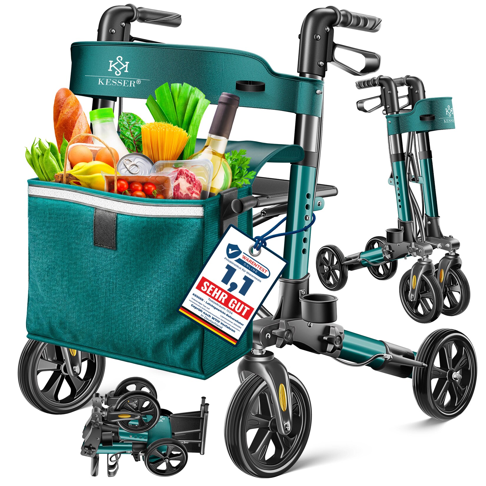 KESSER® Leichtgewicht Rollator faltbar mit Sitz, Griff, Tasche, schmal für Senioren Wohnung, Klappbar, Höhenverstellbar, Reflektoren All Gelände Reifen Indoor-& Outdoor, Gehhilfe, Laufhilfe