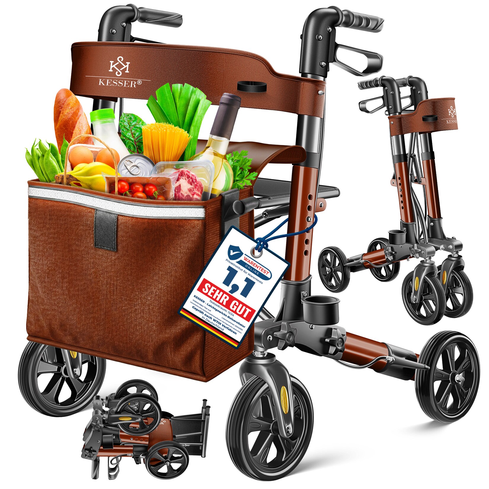 KESSER® Leichtgewicht Rollator faltbar mit Sitz, Griff, Tasche, schmal für Senioren Wohnung, Klappbar, Höhenverstellbar, Reflektoren All Gelände Reifen Indoor-& Outdoor, Gehhilfe, Laufhilfe