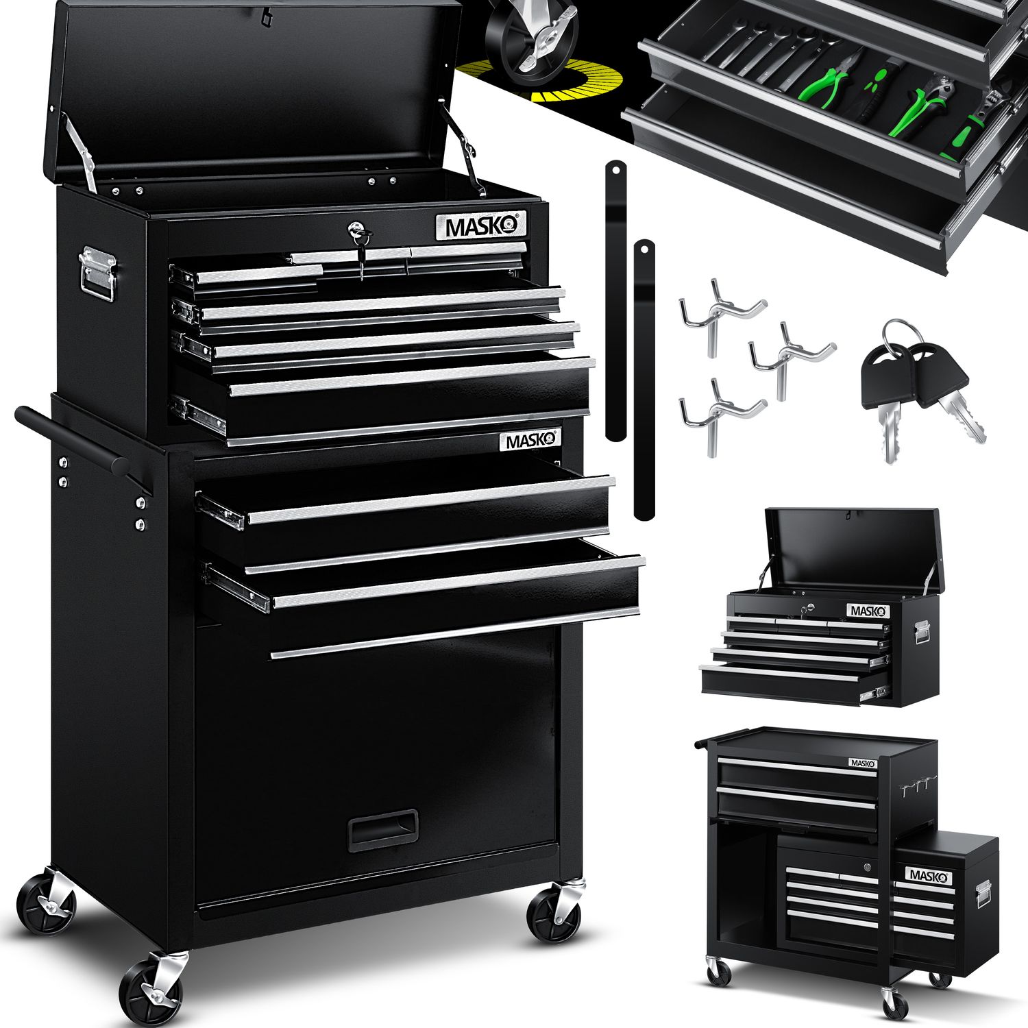 MASKO&reg; Werkstattwagen inkl. Koffer - 9 F&auml;cher Abschlie&szlig;bar Massives Metall, Werkzeug-Wagen ohne Werkzeug, Rollwagen zur Werkzeugaufbewahrung mit Schloss - Bild 1