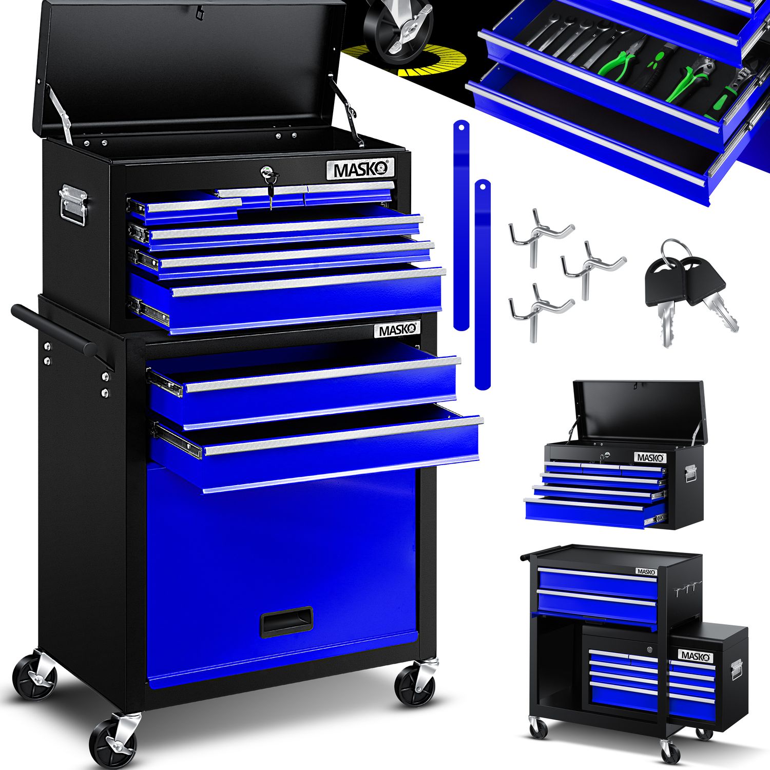 MASKO&reg; Werkstattwagen inkl. Koffer - 9 F&auml;cher Abschlie&szlig;bar Massives Metall, Werkzeug-Wagen ohne Werkzeug, Rollwagen zur Werkzeugaufbewahrung mit Schloss - Bild 1