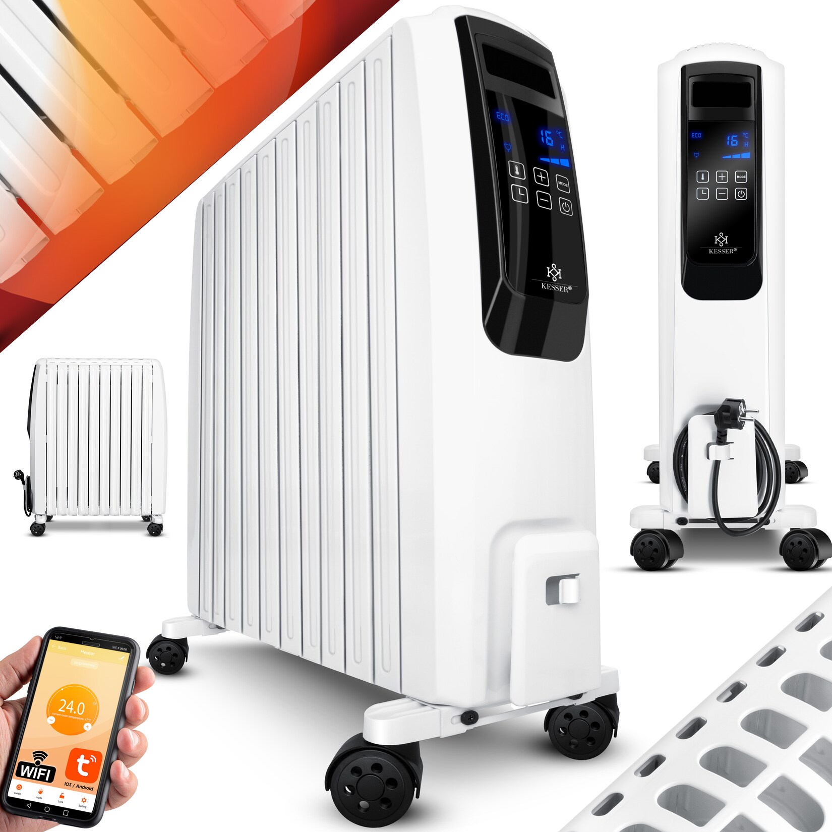 ® Ölradiator mit WiFi App & Fernbedienung digitalem Display- elektrischer energiesparender Heizkörper mit 10 Rippen, Timer Zeitschaltuhr, 4 Heizstufen, Thermostat, Weiß