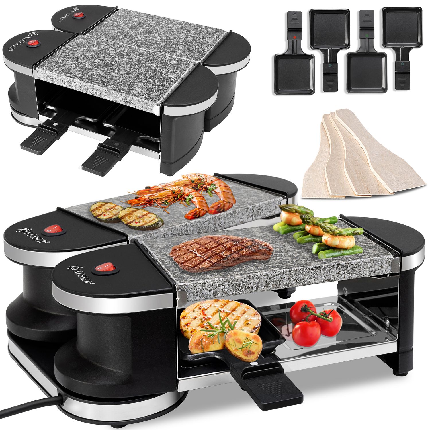 KESSER&reg; 2in1 Raclette - Tischgrill, Grill Partygrill , f&uuml;r 4 Personen ,360&deg; Gelenk , Leistung: 600 Watt, 4 Pfannen und Holzspatel - Bild 1