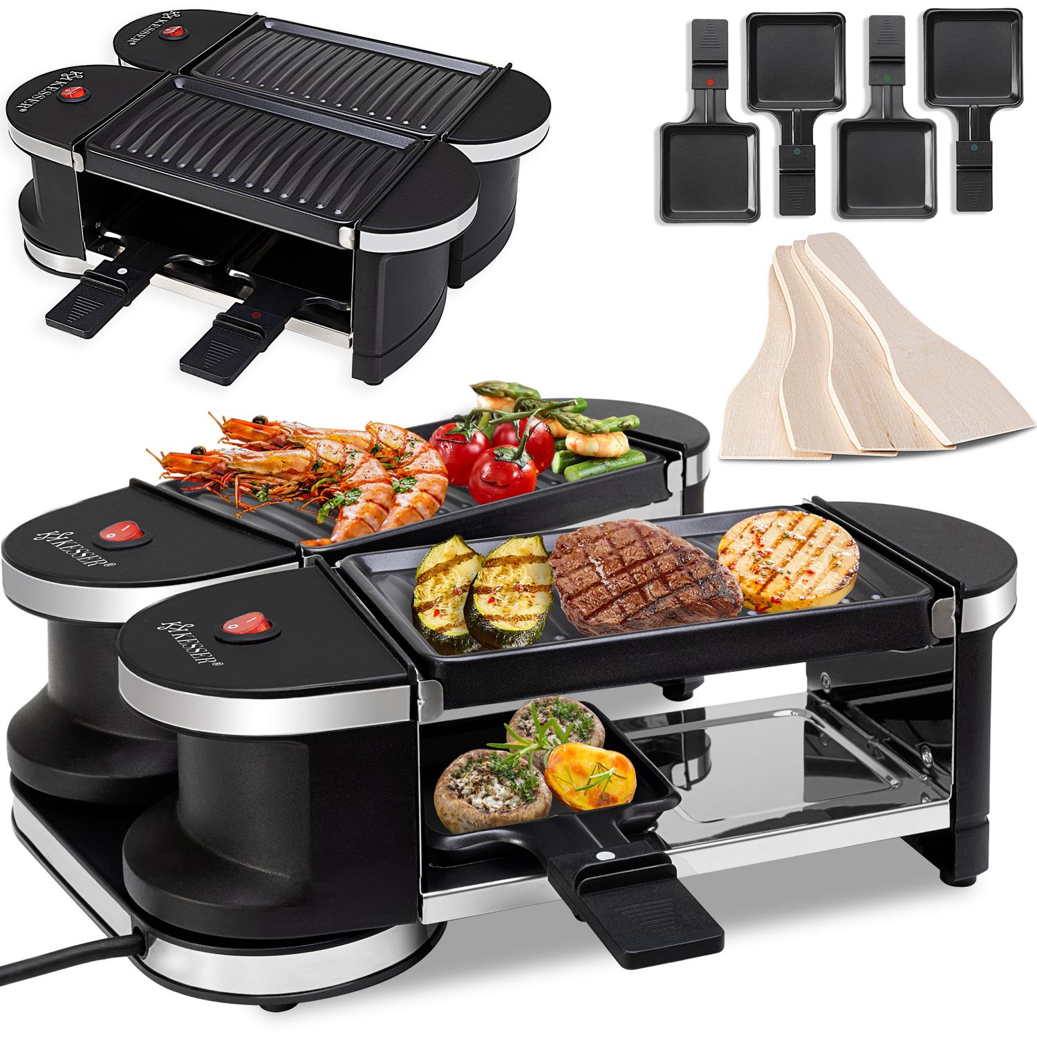 KESSER&reg; 2in1 Raclette - Tischgrill, Grill Partygrill , f&uuml;r 4 Personen ,360&deg; Gelenk , Leistung: 600 Watt, 4 Pfannen und Holzspatel - Bild 1