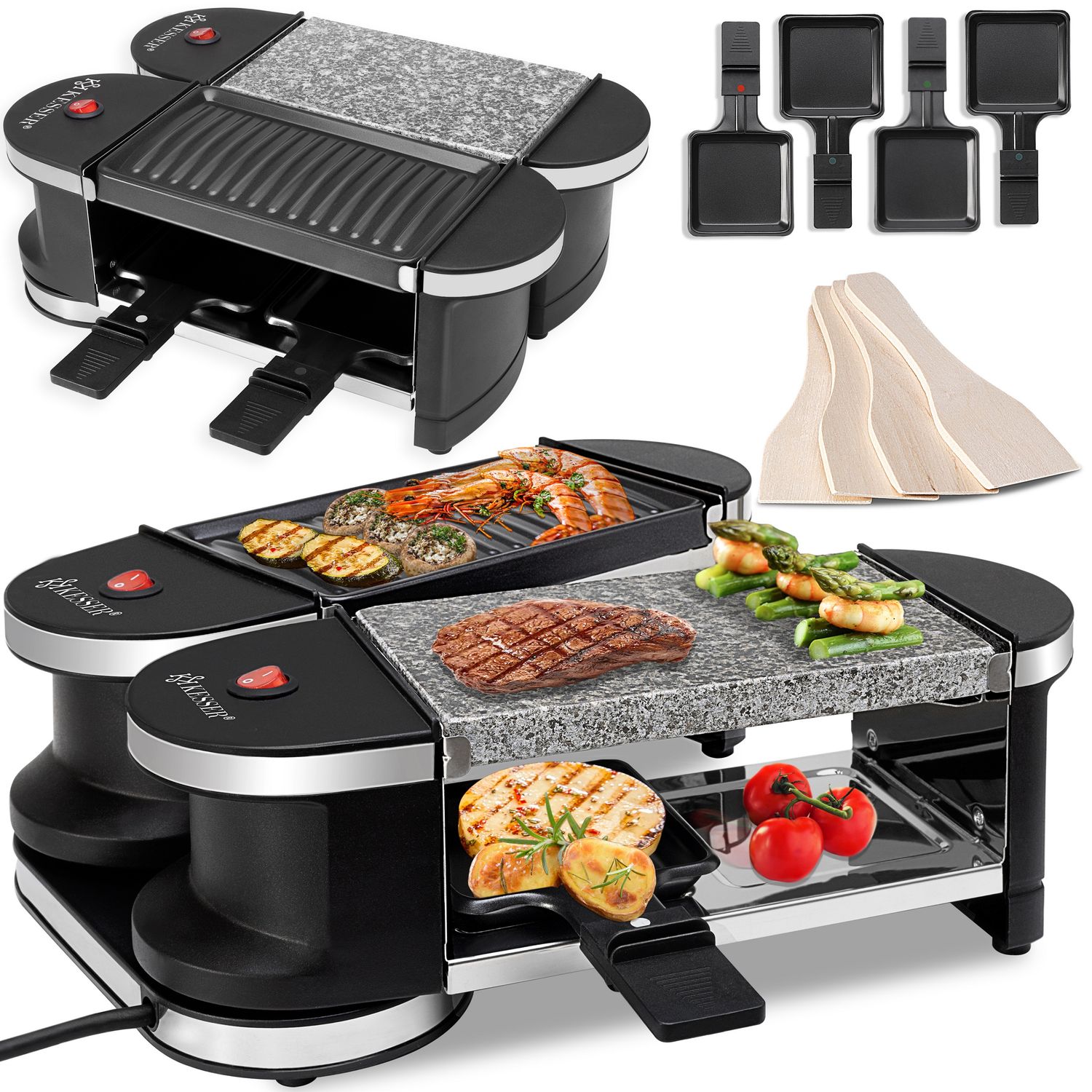 KESSER&reg; 2in1 Raclette - Tischgrill, Grill Partygrill , f&uuml;r 4 Personen ,360&deg; Gelenk , Leistung: 600 Watt, 4 Pfannen und Holzspatel - Bild 1