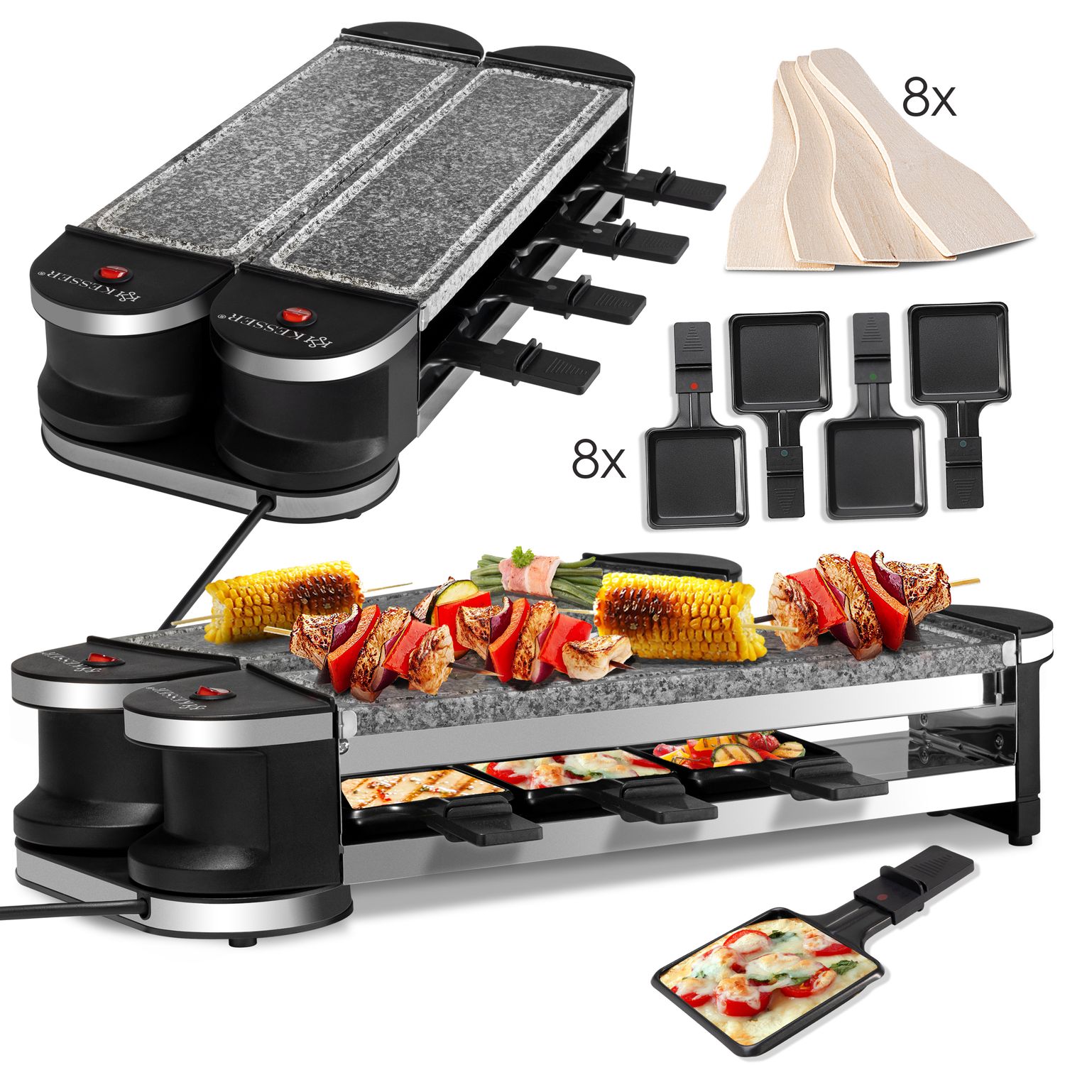 KESSER&reg; 2in1 Raclette - Tischgrill, Grill Partygrill , f&uuml;r 8 Personen ,360&deg; Gelenk , Leistung: 1200 Watt, 8 Pfannen und Holzspatel - Bild 1