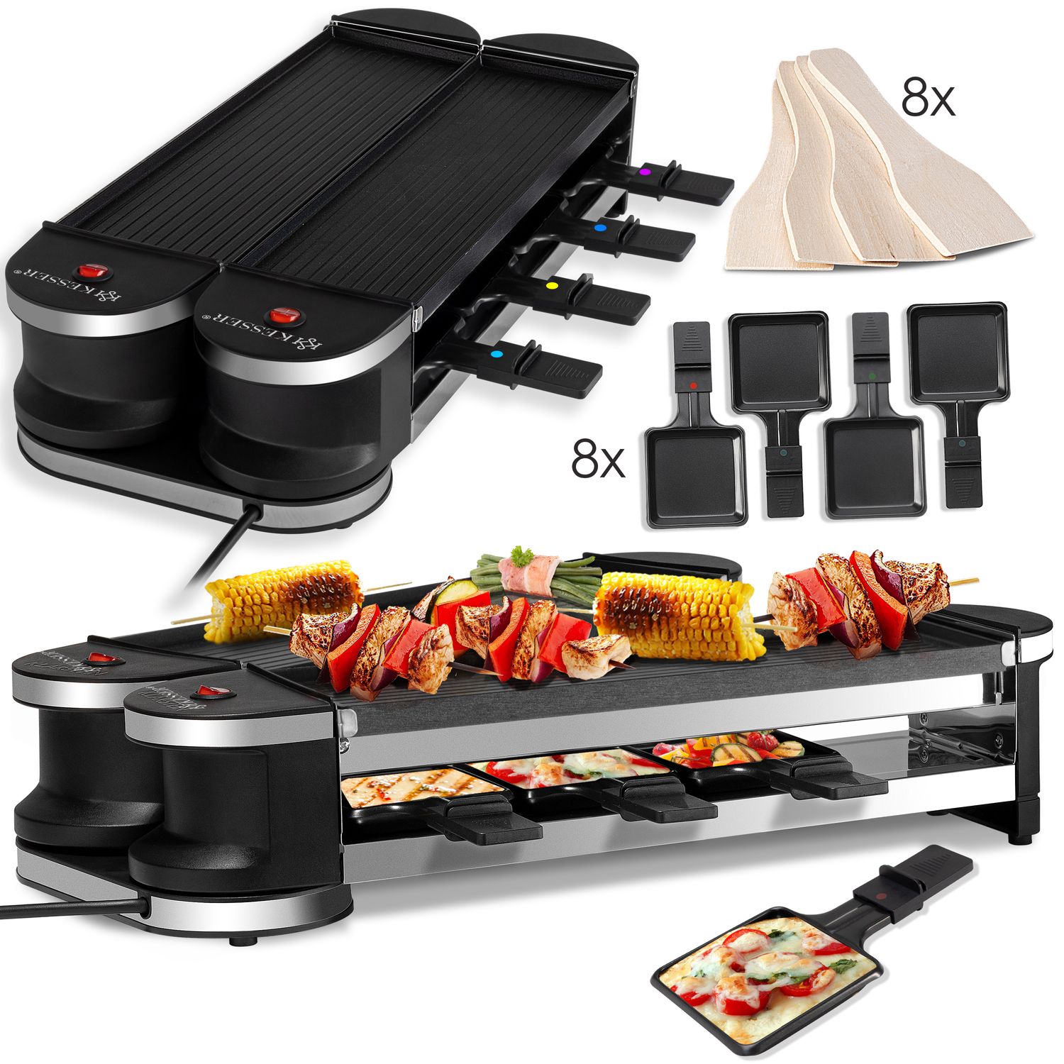 KESSER&reg; 2in1 Raclette - Tischgrill, Grill Partygrill , f&uuml;r 8 Personen ,360&deg; Gelenk , Leistung: 1200 Watt, 8 Pfannen und Holzspatel - Bild 1