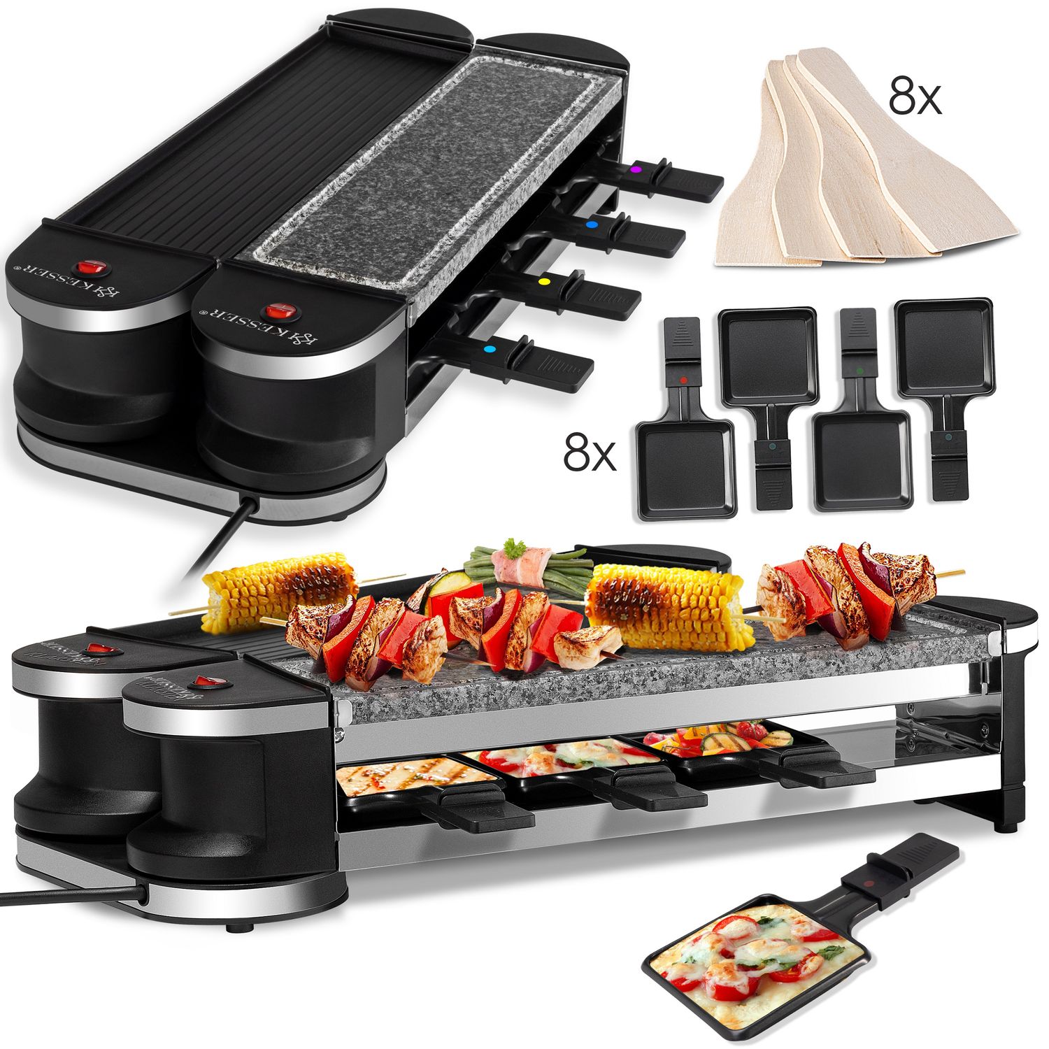 KESSER&reg; 2in1 Raclette - Tischgrill, Grill Partygrill , f&uuml;r 8 Personen ,360&deg; Gelenk , Leistung: 1200 Watt, 8 Pfannen und Holzspatel - Bild 1