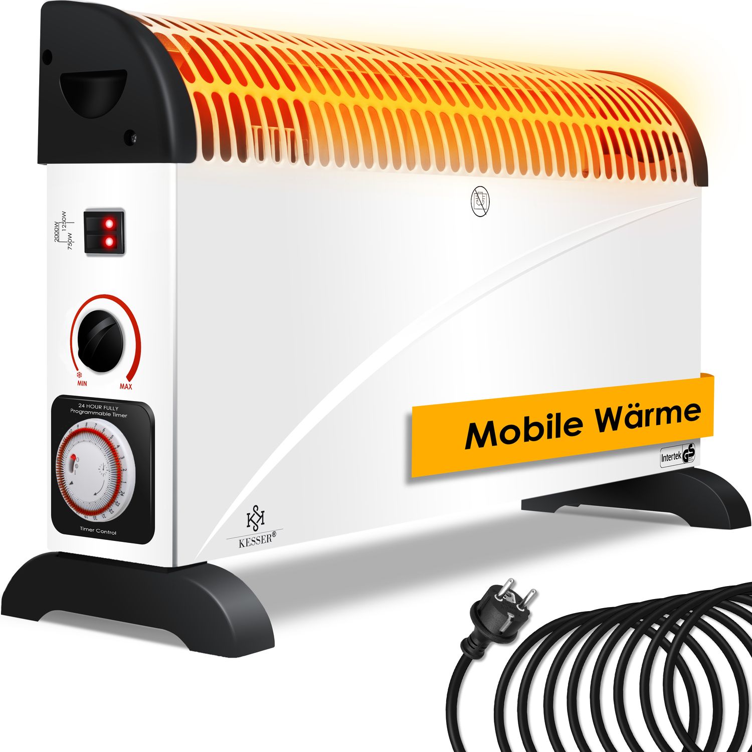 KESSER Konvektor 2000 Watt Heizger&auml;t , 24h Timer | stufenlose Thermosteuerung | Turbo Heizung | 3 Stufen | Tragemulden - Bild 1