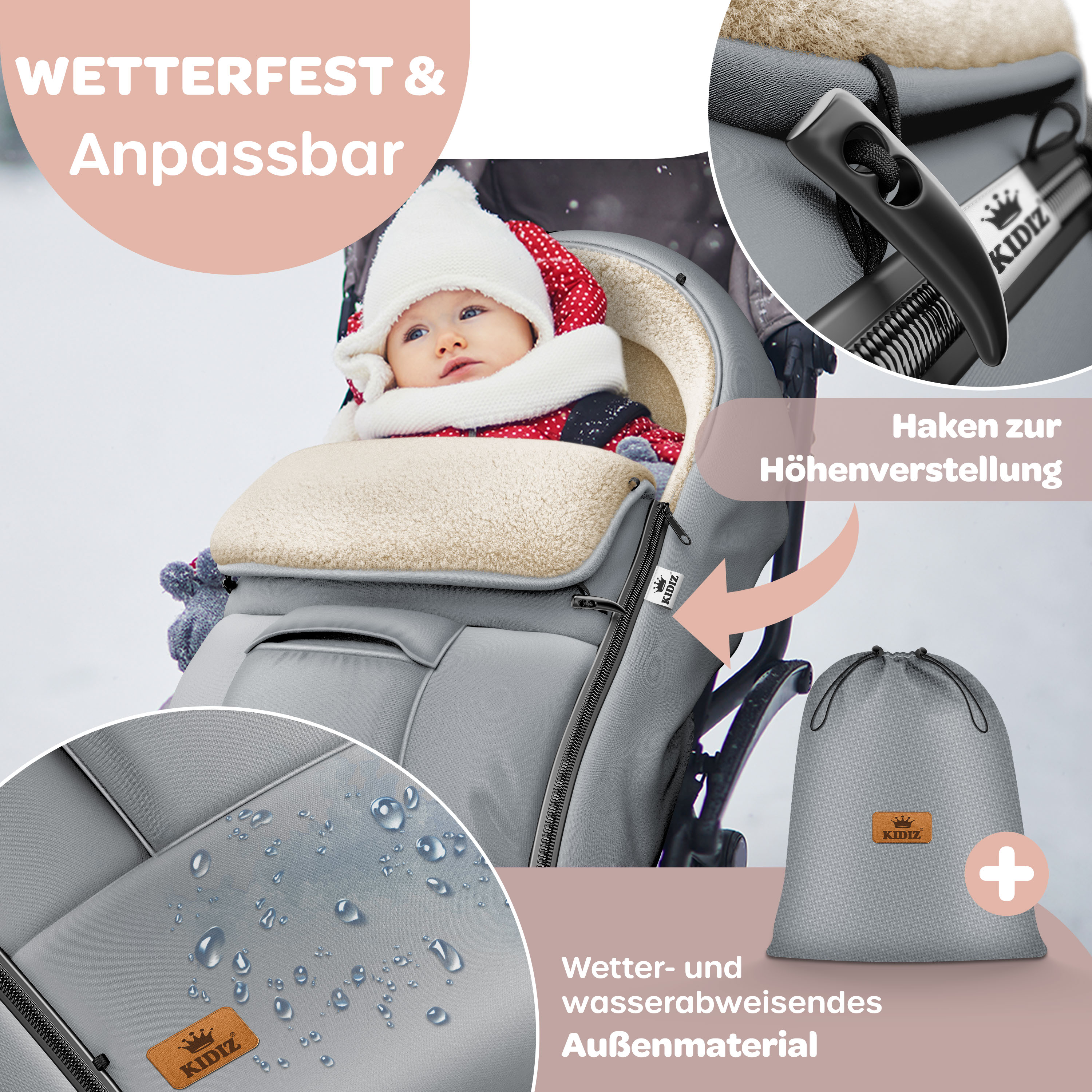 KIDIZ&reg; Babyfu&szlig;sack Baby Fu&szlig;sack Winterfu&szlig;sack Babyschale mit Rei&szlig;verschluss Kuschelsack Babydecke Kinderwagen waschbar verschlie&szlig;barer Kopfteil, Tasche, passend f&uuml;r alle Kinderwagen - Bild 1