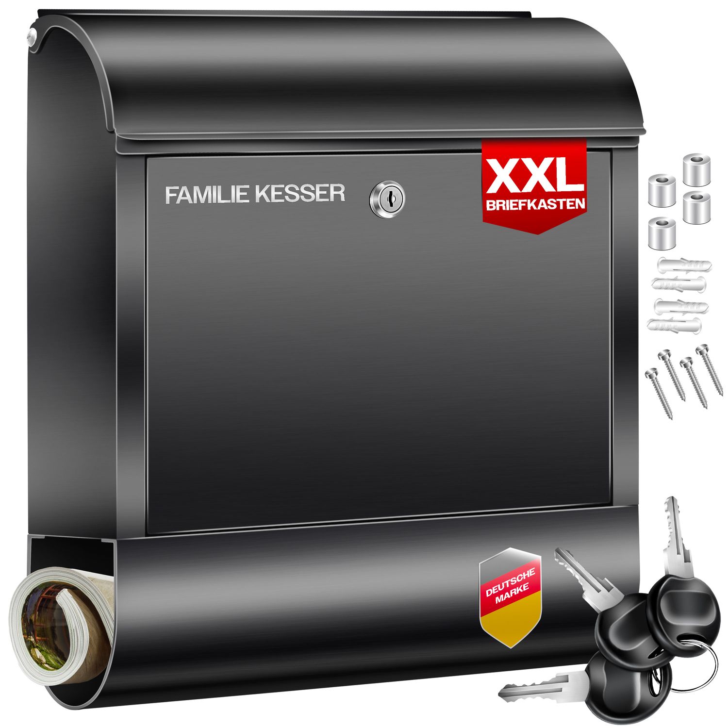 KESSER&reg; XXL Briefkasten Edelstahl mit Zeitungsfach , geb&uuml;rstet , 3x Schl&uuml;ssel abschlie&szlig;bar , Pulverbeschichtet , Wandmontage , gro&szlig; Front-Einwurf: DIN C4 = DIN A4  , inkl. Montagematerial - Bild 1