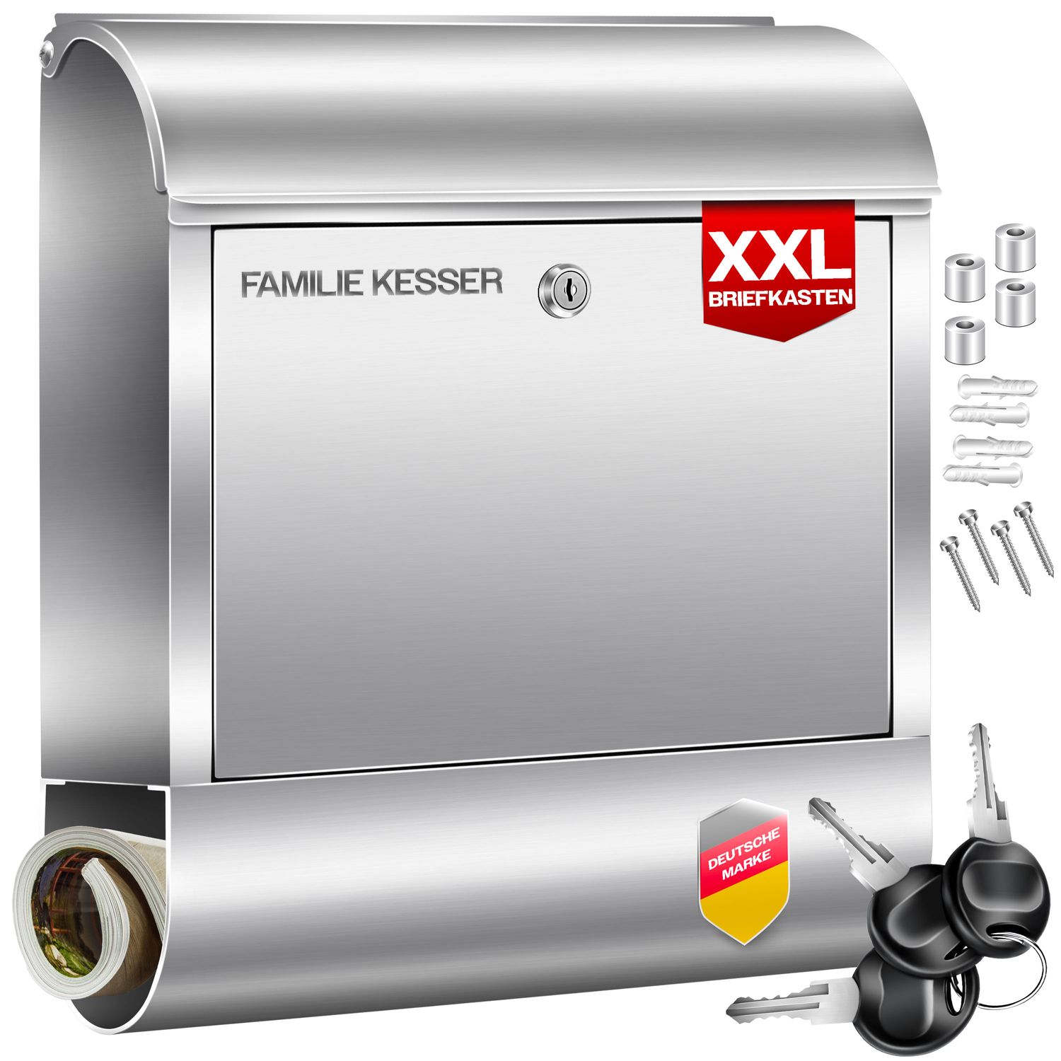 KESSER&reg; XXL Briefkasten Edelstahl mit Zeitungsfach , geb&uuml;rstet , 3x Schl&uuml;ssel abschlie&szlig;bar , Pulverbeschichtet , Wandmontage , gro&szlig; Front-Einwurf: DIN C4 = DIN A4  , inkl. Montagematerial - Bild 1