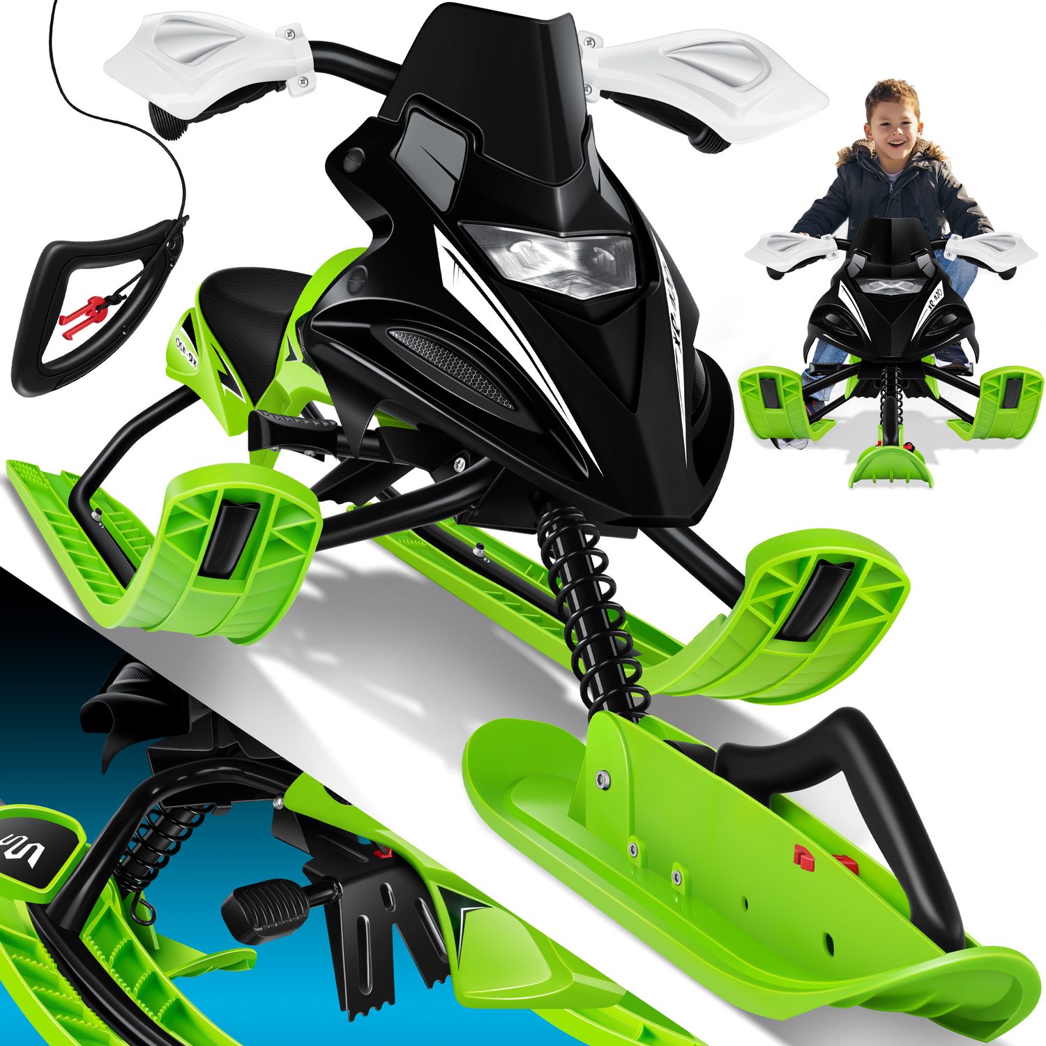 KESSER&reg; Lenkschlitten mit 2 Fu&szlig;bremsen | Automatisches Zugseil | Federung | Kufenlenkung | Bob Kinderschlitten Rodel Schlitten | Skiboblenkschlitten | - Bild 1