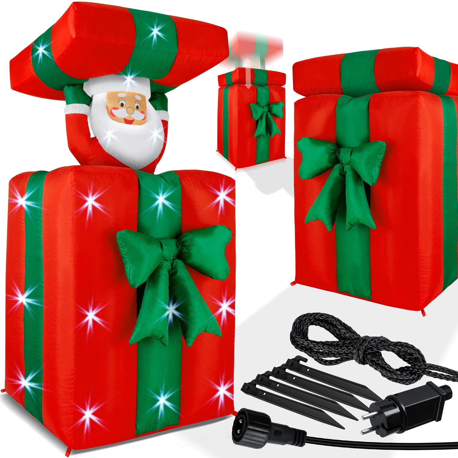 KESSER&reg; Aufblasbarer Weihnachtsmann Geschenk Nikolaus 152cm Gro&szlig; Springt-aus-der-Box Weihnachten LED Beleuchtet Deko inkl. Befestigungsmaterial Weihnachtsdekoration Weihnachtsdeko - Bild 1