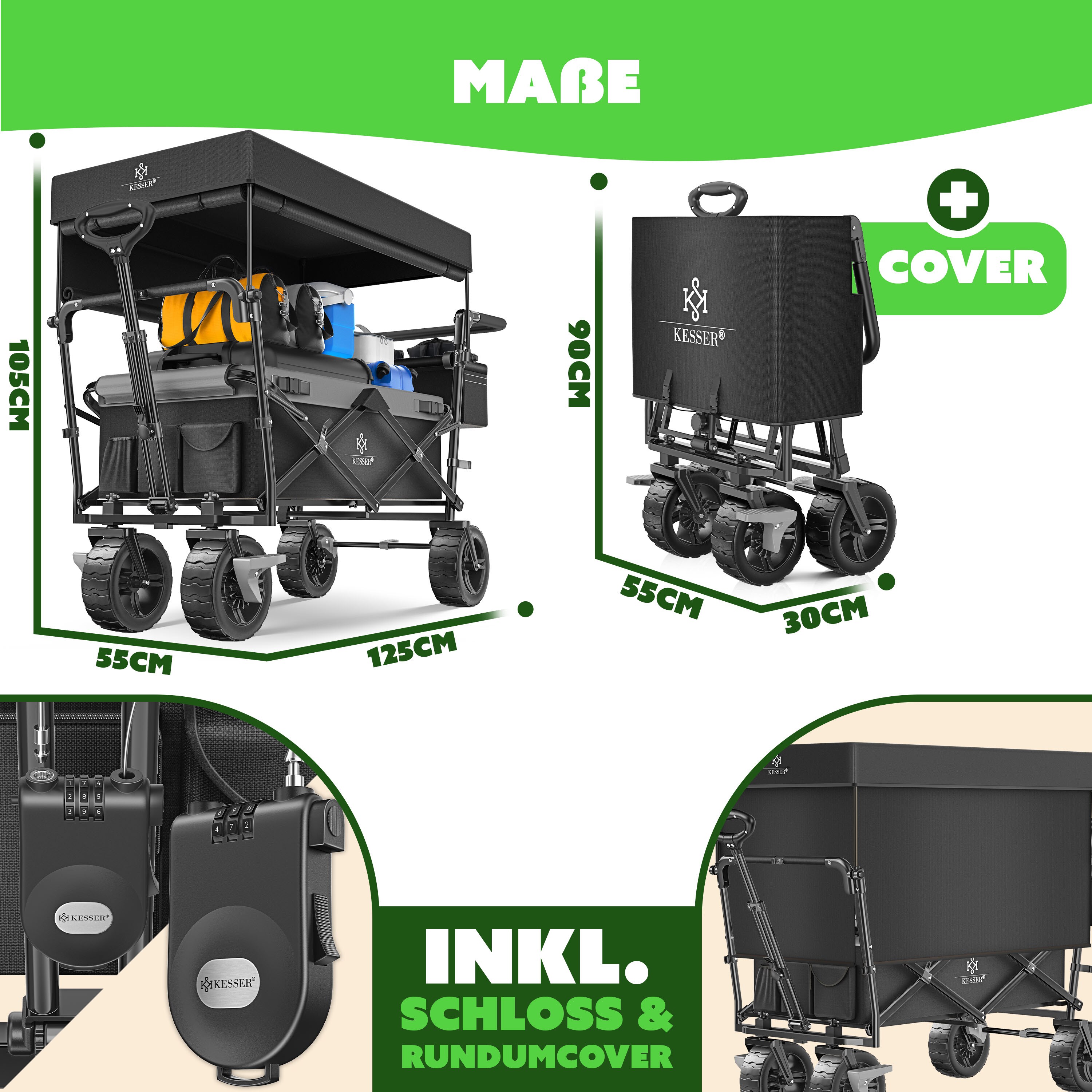 KESSER® Bolderkar, GTR9000, handwagen, 200 kg, 300 liter, opvouwbaar, extra brede 360° wielen en parkeerremmen, weerbestendig, strandwagen, incl. afdekking, zijzak en bekerhouder