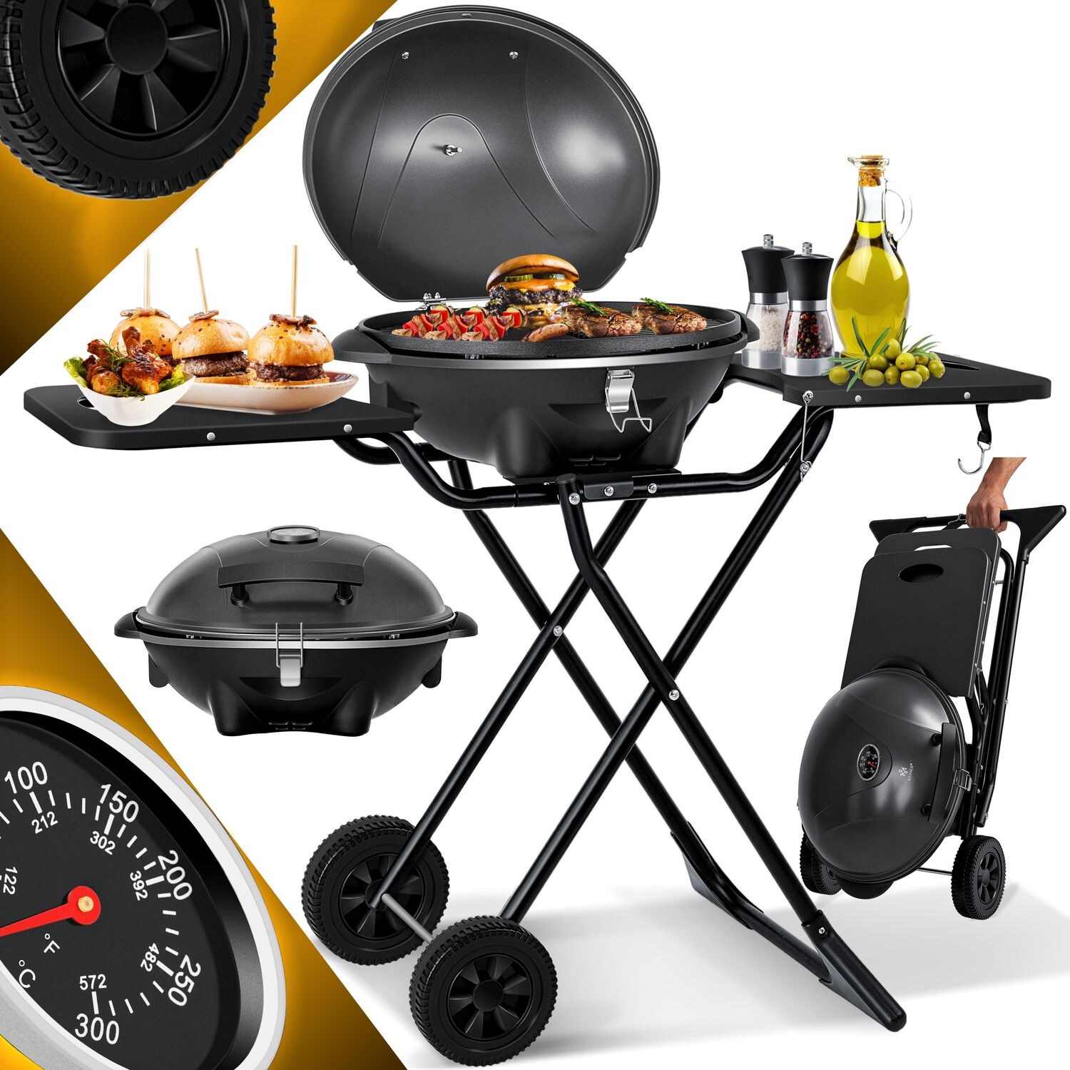 KESSER® elektrischer Elektrogrill 2in1 Tischgrill – Standgrill mit Deckel und Standfuß   max. 2400 Watt   Faltbar   Thermometer   Antihaftbeschichtung   Grillplatte Abstelltische   2 Räder | 04260635554675