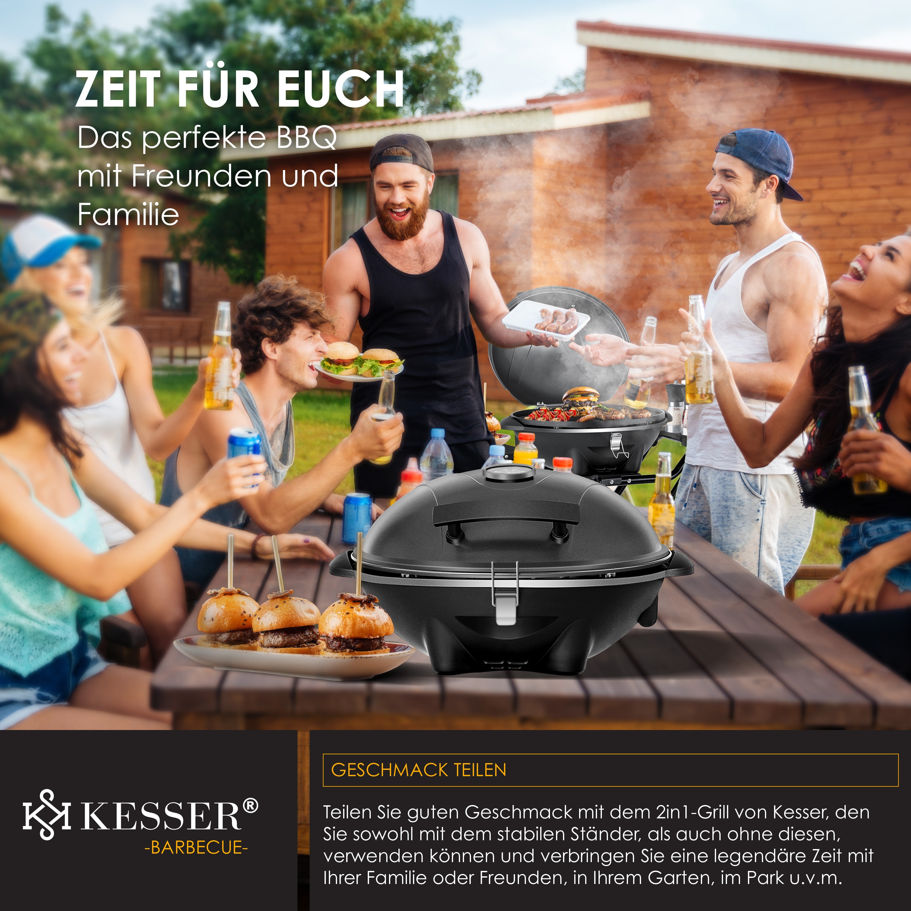 KESSER® elektrischer Elektrogrill 2in1 Tischgrill - Standgrill mit Deckel und Standfuß | max. 2400 Watt | Faltbar | Thermometer | Antihaftbeschichtung | Grillplatte Abstelltische | 2 Räder