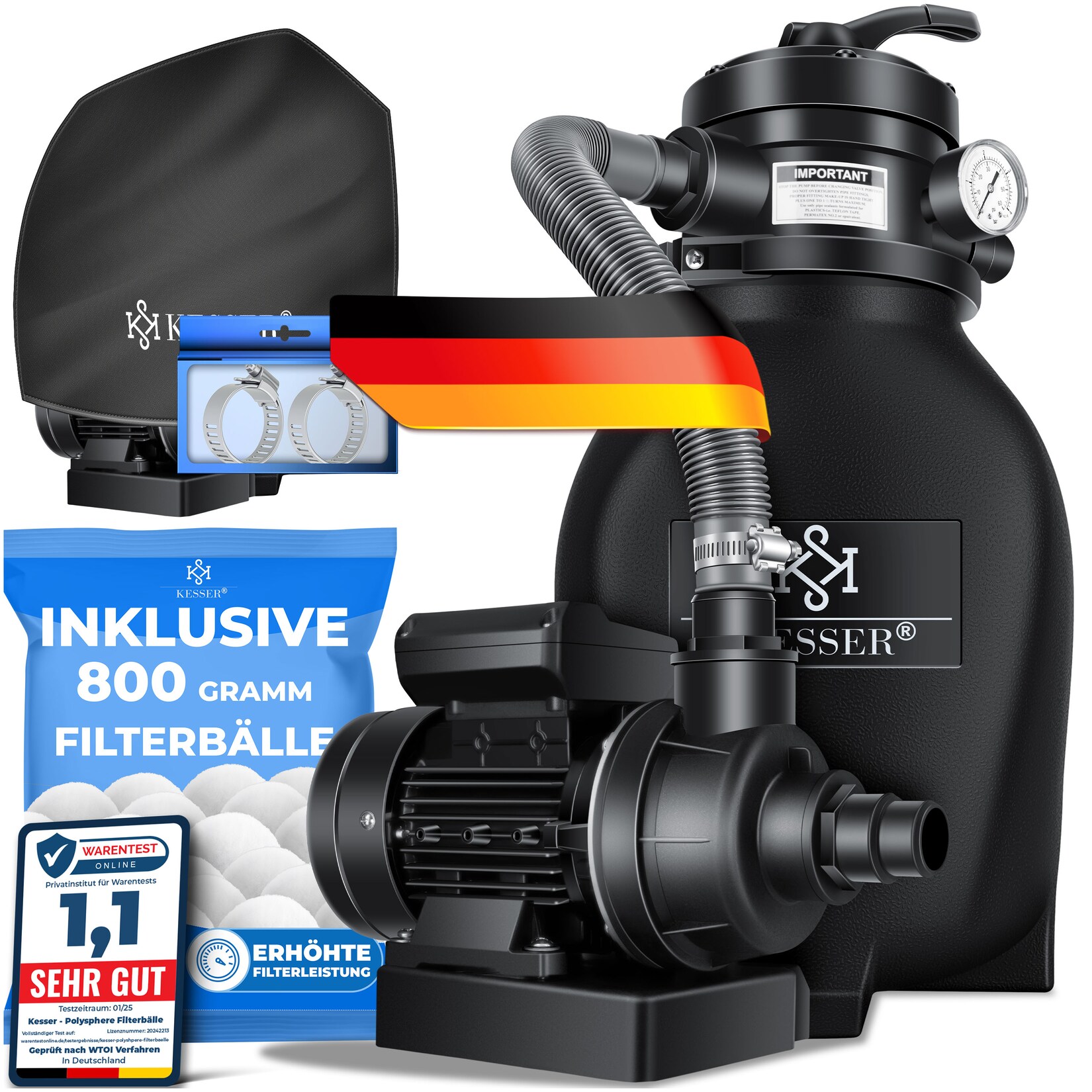 KESSER® Sandfilter Sandfilteranlage + 800g Filterbälle ersetzen 25kg Filtersand- Poolfilter 10 m³/h Filteranlage Filterkessel für Pool Schwimmbecken 4-Wege Ventil , einfache Steuerung