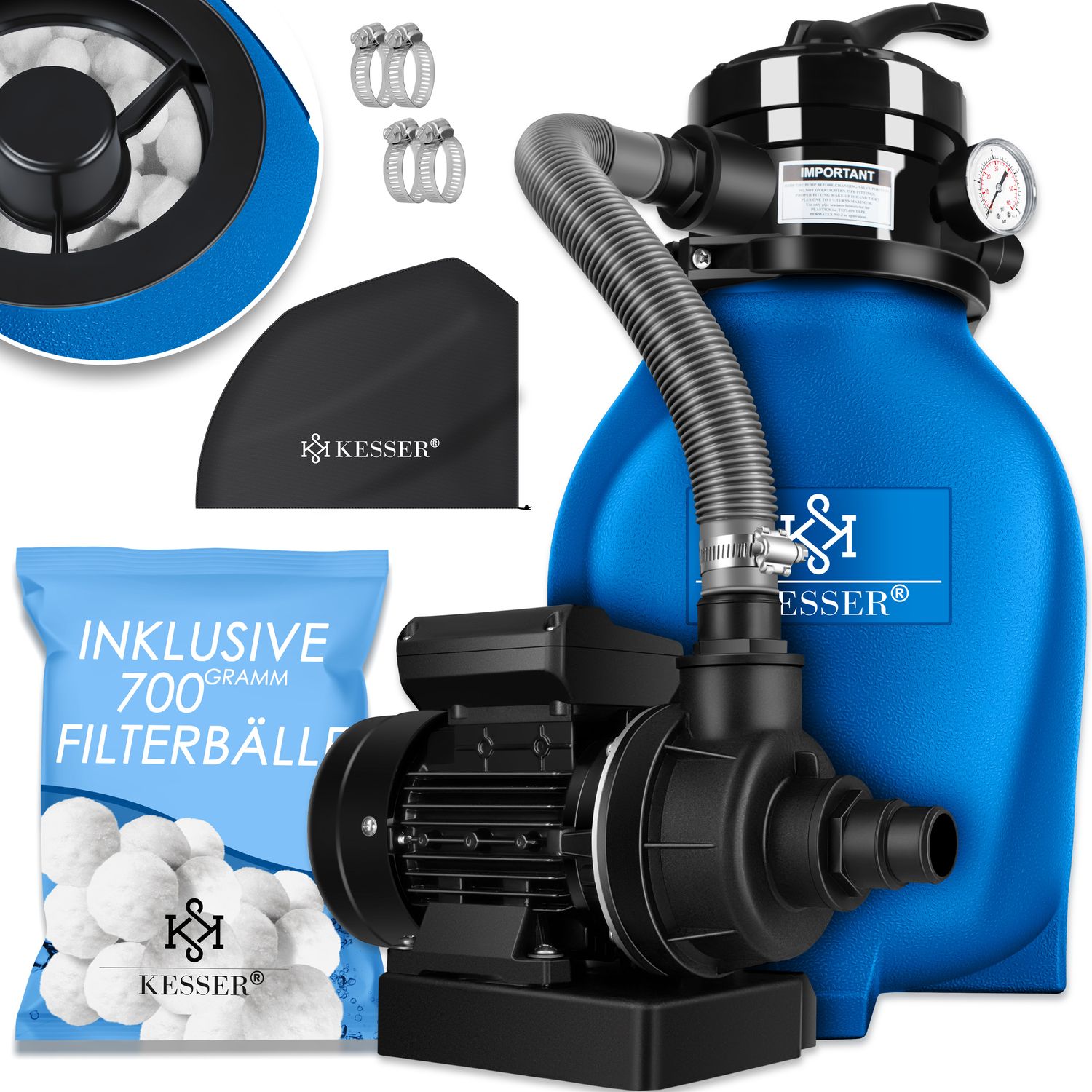 KESSER&reg; Sandfilter Sandfilteranlage + 700g Filterb&auml;lle ersetzen 25kg Filtersand- Poolfilter 10 m&sup3;/h Filteranlage Filterkessel f&uuml;r Pool Schwimmbecken 4-Wege Ventil , einfache Steuerung - Bild 1