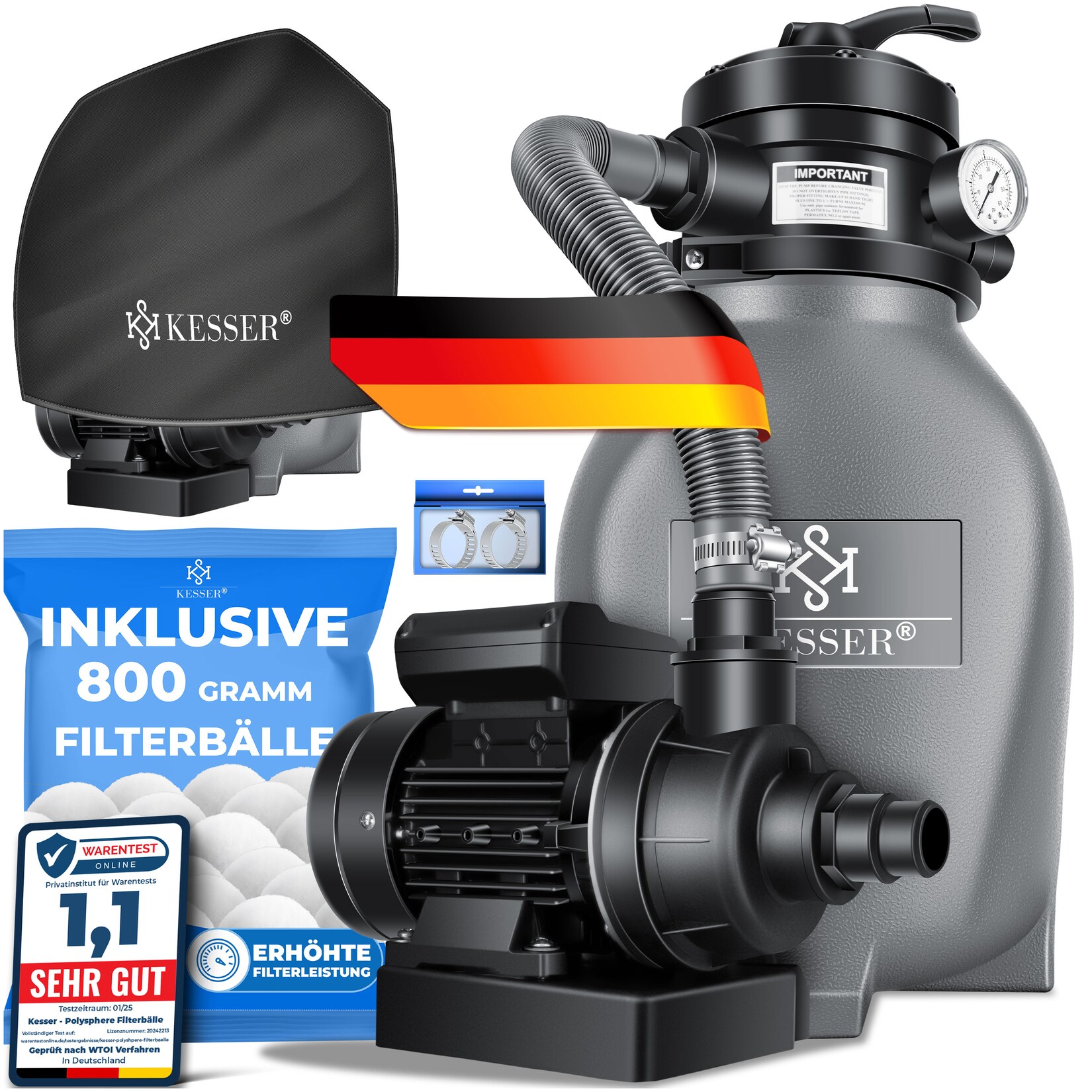 KESSER® Sandfilter Sandfilteranlage + 800g Filterbälle ersetzen 25kg Filtersand- Poolfilter 10 m³/h Filteranlage Filterkessel für Pool Schwimmbecken 4-Wege Ventil , einfache Steuerung