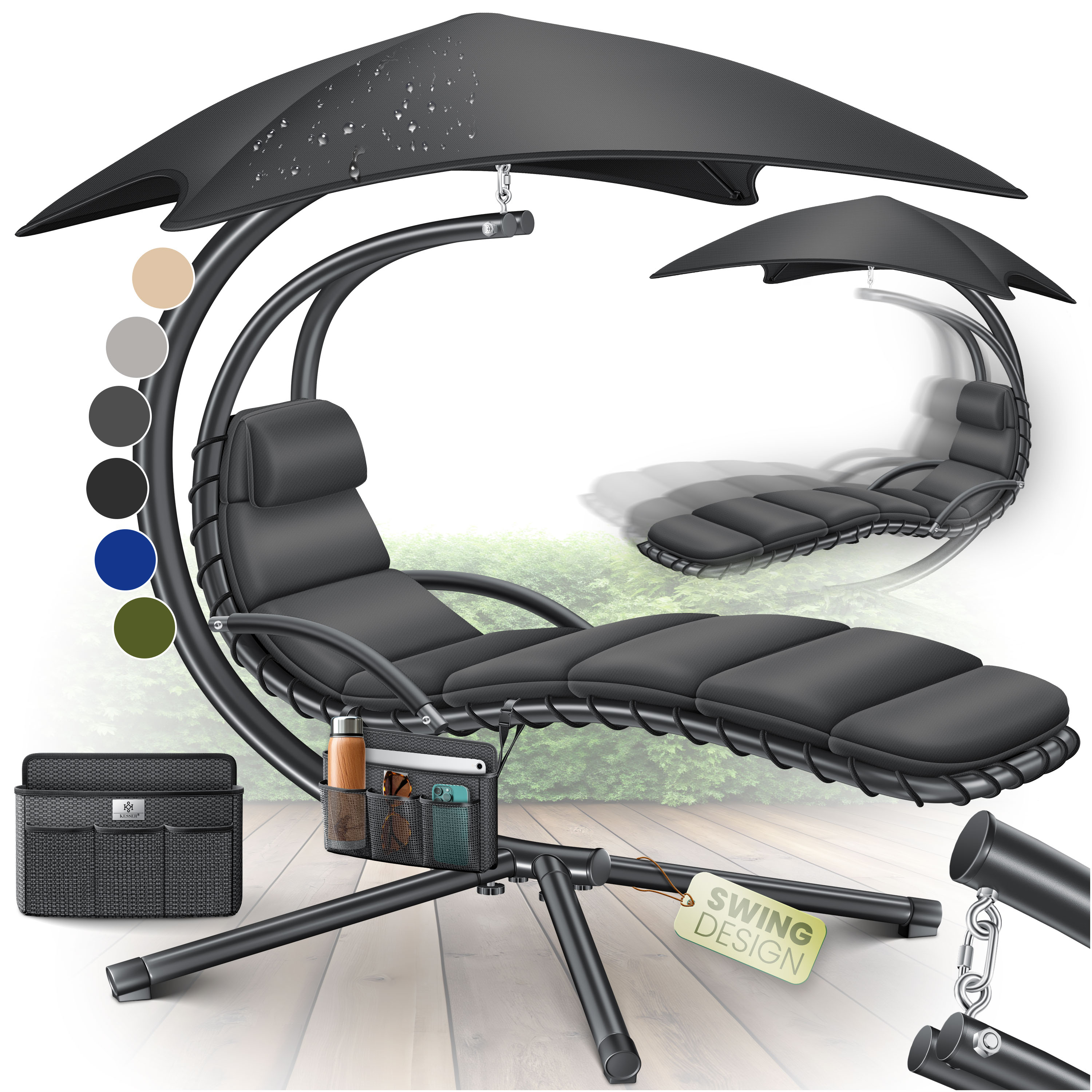 KESSER&reg; Schwebeliege mit Sonnenschirm, H&auml;ngeliege , Sonnenliege H200, L194, B100 cm, Relaxliege, Schaukelliege H&auml;ngematte , bis 120 kg belastbar , Schaukelliege, Auflagen - Nackenkissen - Bild 1