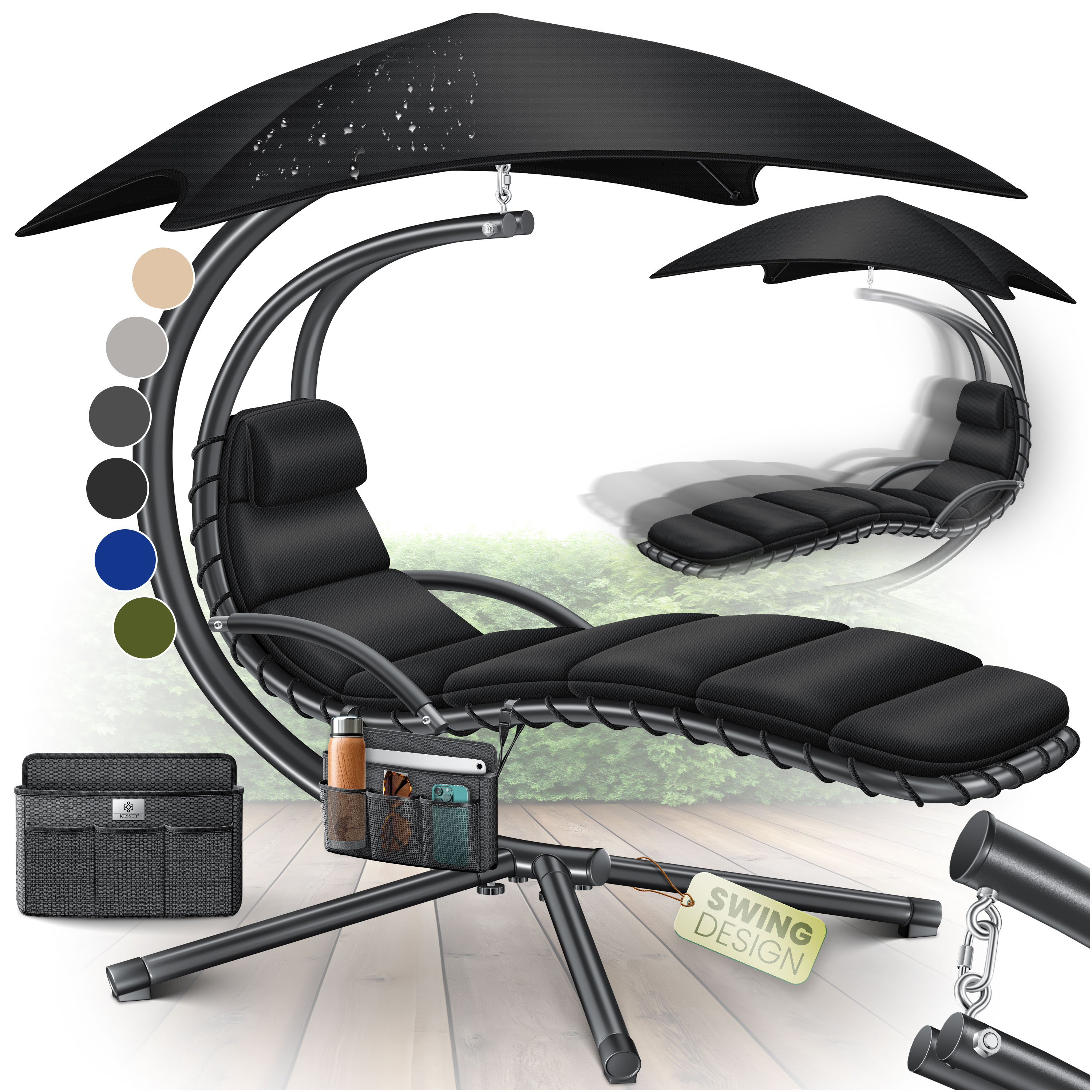 KESSER&reg; Schwebeliege mit Sonnenschirm, H&auml;ngeliege , Sonnenliege H200, L194, B100 cm, Relaxliege, Schaukelliege H&auml;ngematte , bis 120 kg belastbar , Schaukelliege, Auflagen - Nackenkissen - Bild 1