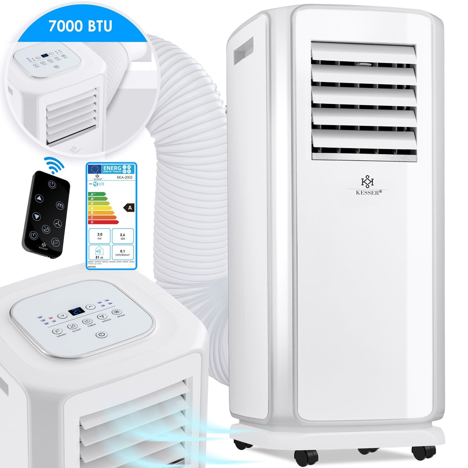 KESSER&reg; &ndash; Klimaanlage Mobiles Klimager&auml;t 4in1 k&uuml;hlen, Luftentfeuchter, l&uuml;ften, Ventilator - 7000 BTU/h (2.000 Watt) - Klima mit Montagematerial, Fernbedienung und 24h Timer, Nachtmodus (EEK: A) - Bild 1