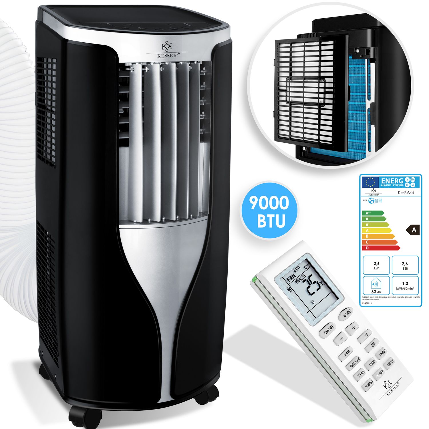 KESSER&reg; Klimaanlage Mobiles Klimager&auml;t 4in1 k&uuml;hlen, Luftentfeuchter, l&uuml;ften, Ventilator - 9000 BTU/h (2.600 Watt) 2,7KW - Klima mit Montagematerial, Fernbedienung und Timer, Nachtmodus (EEK: A) - Bild 1
