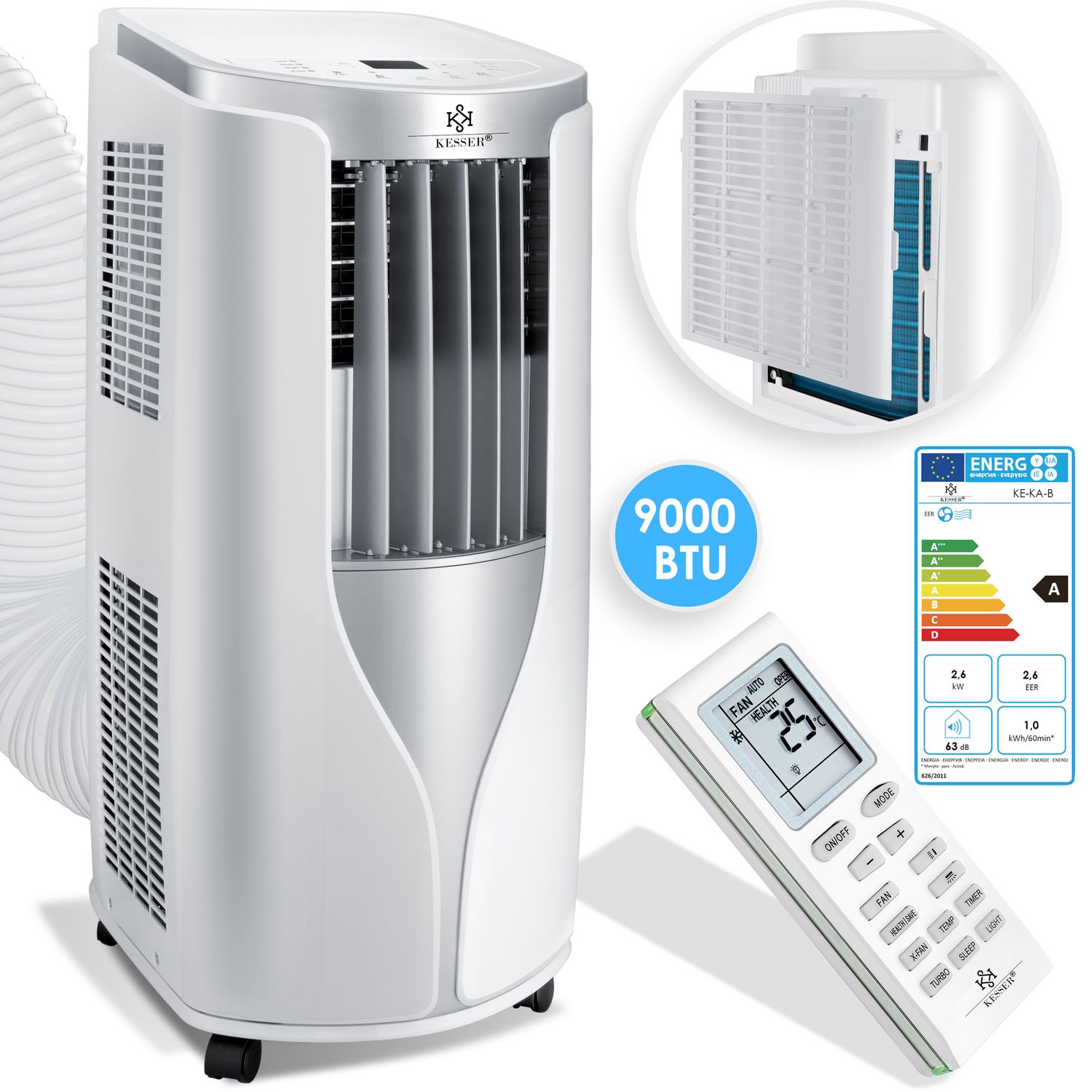 KESSER&reg; Klimaanlage Mobiles Klimager&auml;t 4in1 k&uuml;hlen, Luftentfeuchter, l&uuml;ften, Ventilator - 9000 BTU/h (2.600 Watt) 2,7KW - Klima mit Montagematerial, Fernbedienung und Timer, Nachtmodus (EEK: A) - Bild 1